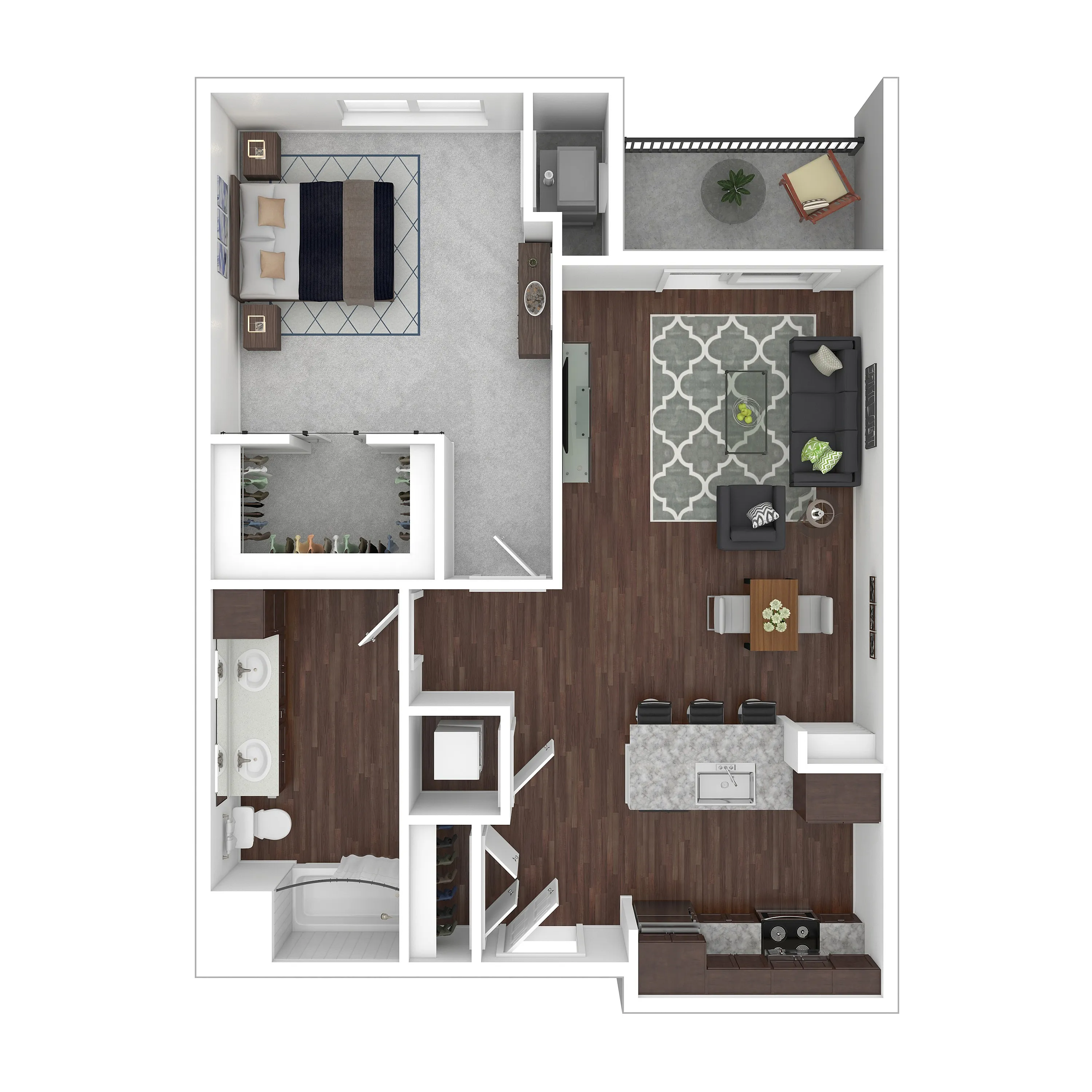 Elegant floor plan featuring a luxurious bedroom, open-concept living and dining area, sleek kitchen, and stylish balcony.