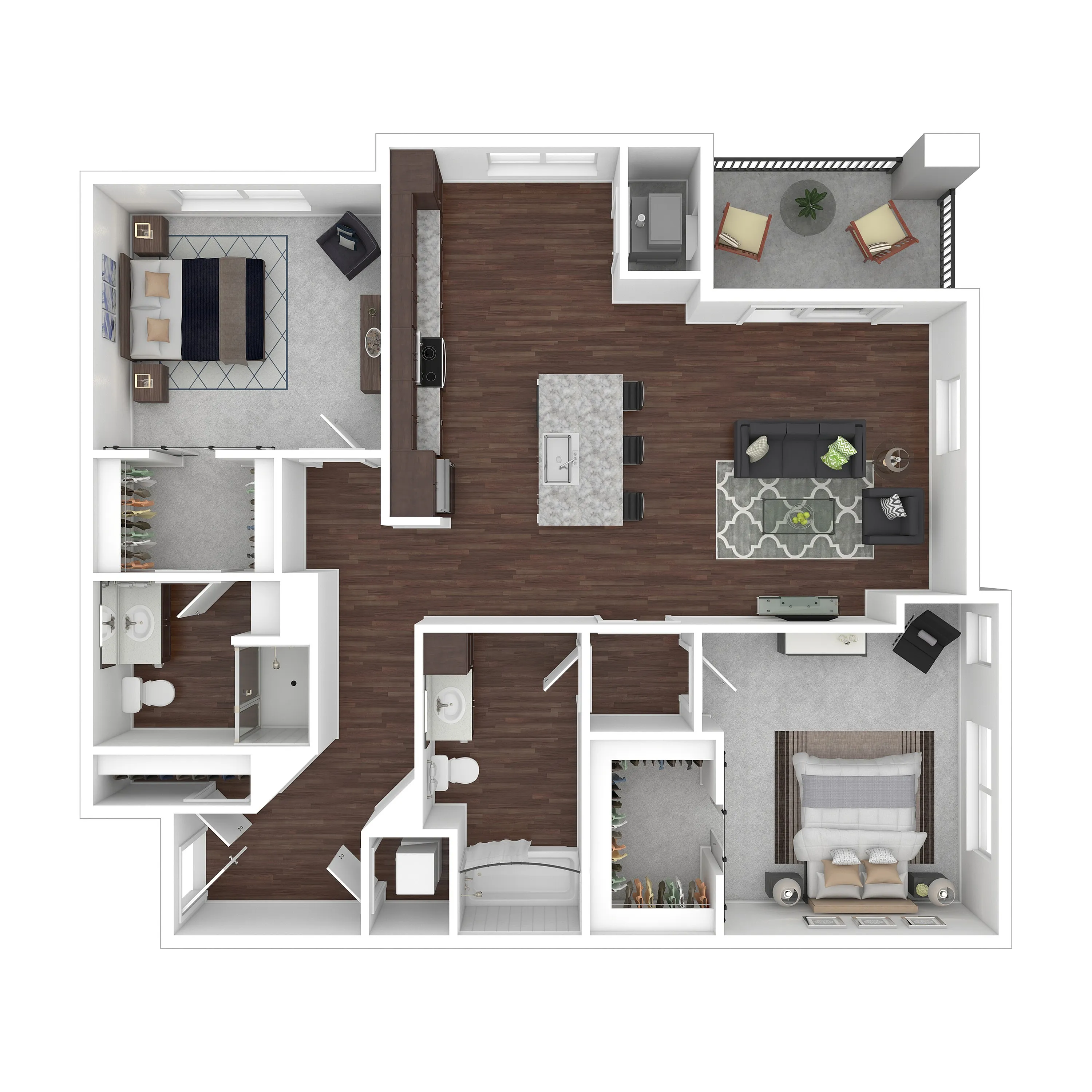 Modern 2D floor plan showcasing 2 bedrooms, 2 bathrooms, elegant open-concept kitchen with island, and inviting living area with access to a cozy balcony.