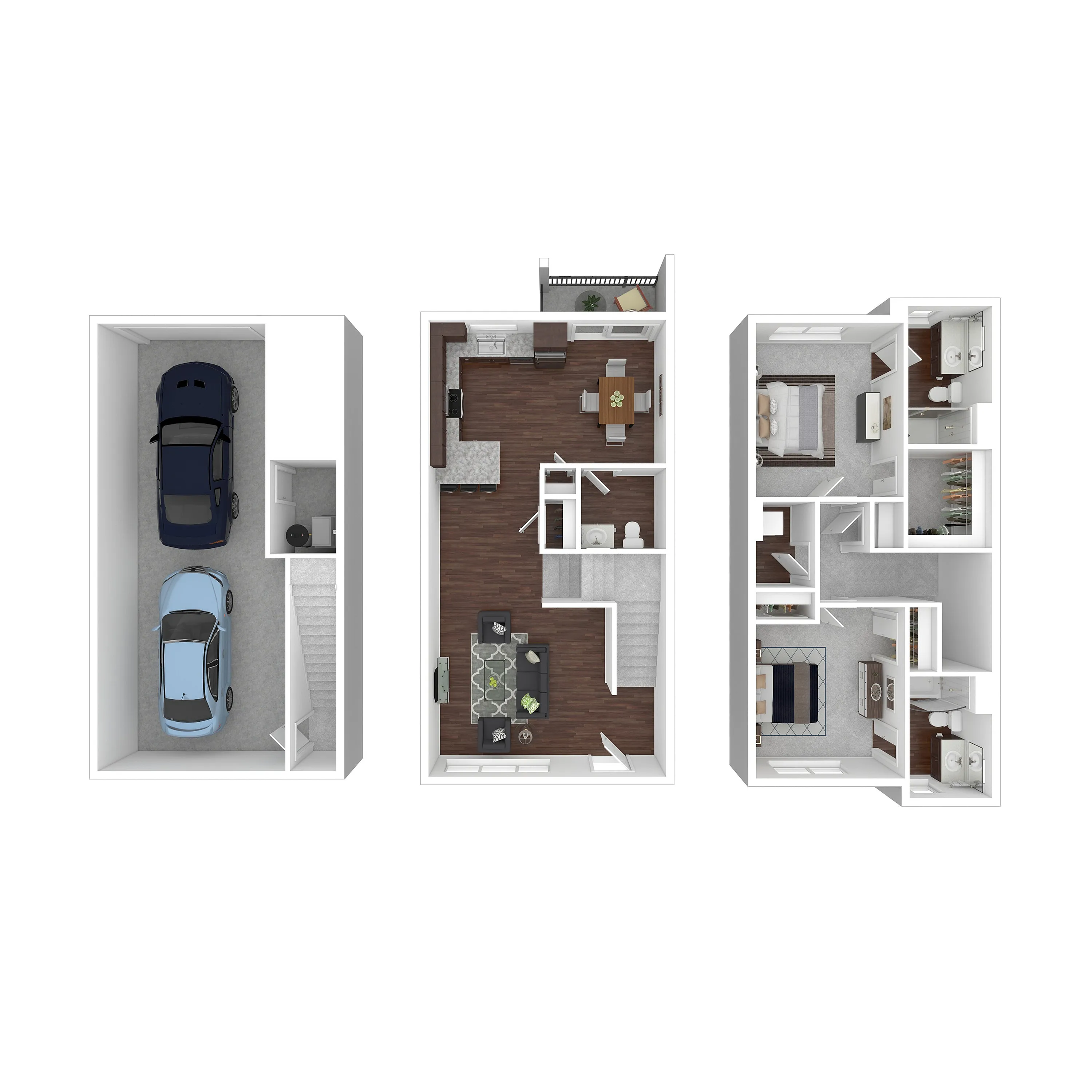 Elegant 3D floor plan showcasing a modern three-story townhouse with two-car garage, open-concept living room on the second floor, and two spacious bedrooms with en-suite bathrooms on the third floor.