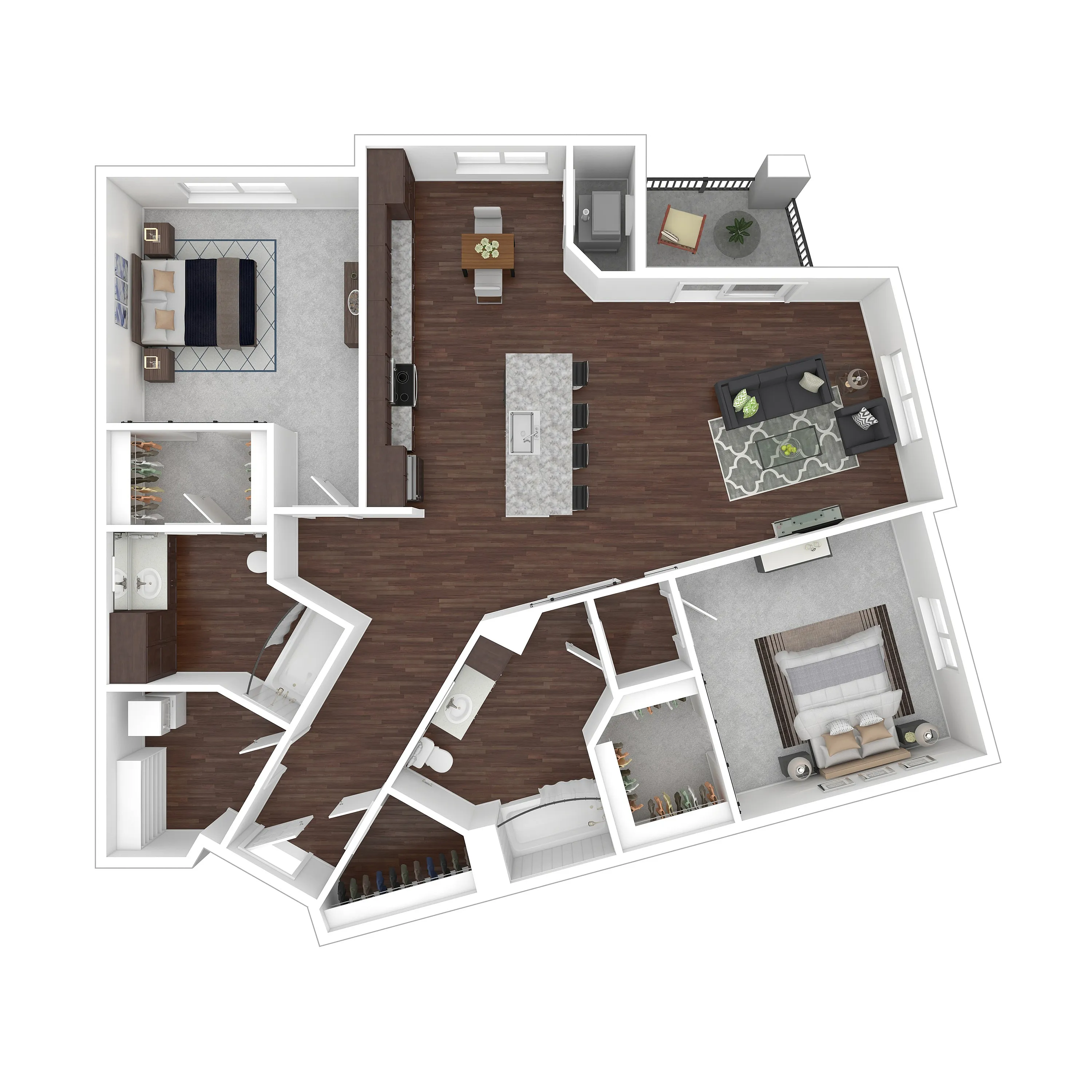 Elegant 3D floor plan showcasing two bedrooms, a modern open kitchen with an island, spacious living area, two bathrooms, and a cozy balcony.