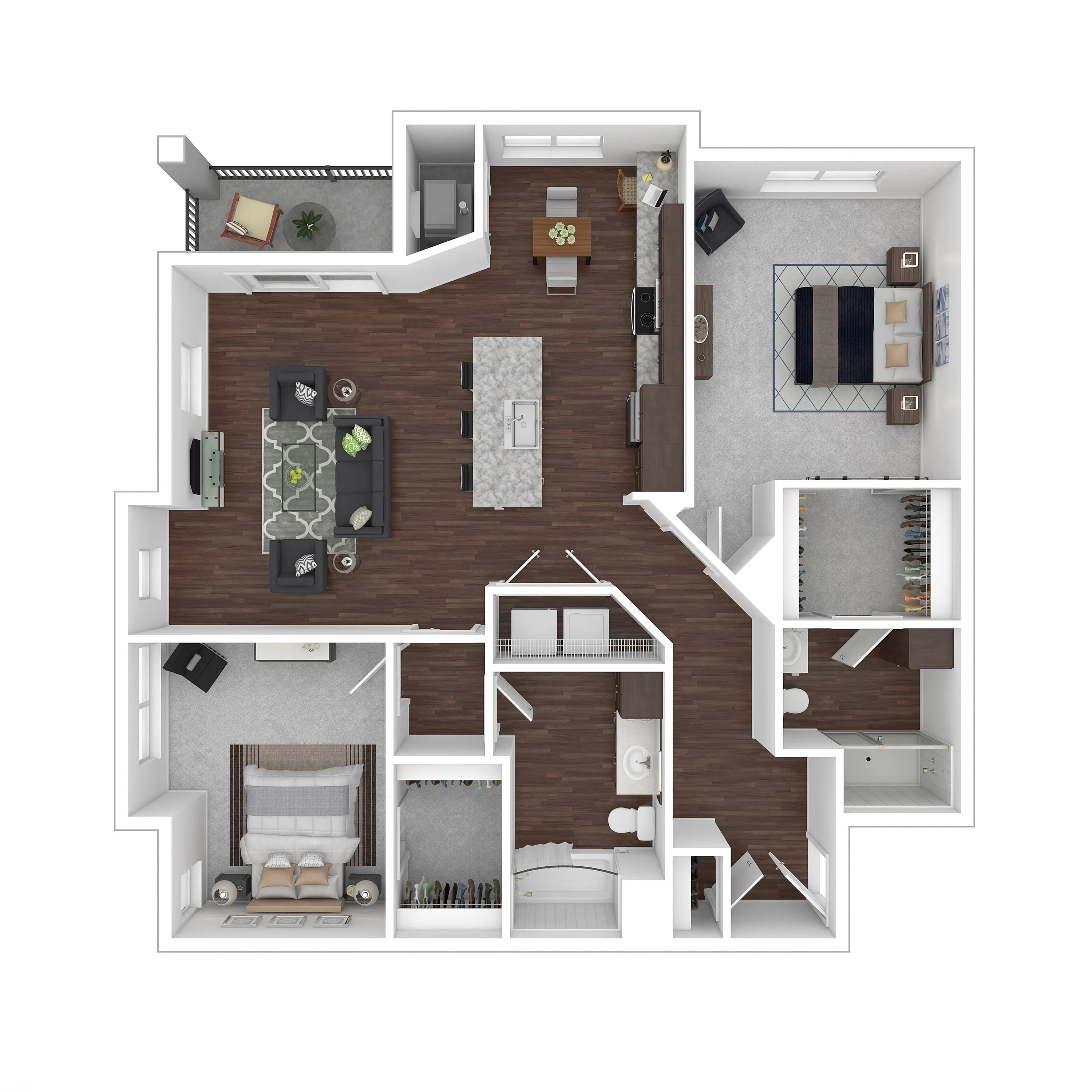 Elegant floor plan showcasing 3 bedrooms, open-concept living and dining area, modern kitchen, and private balcony space with stylish interiors.