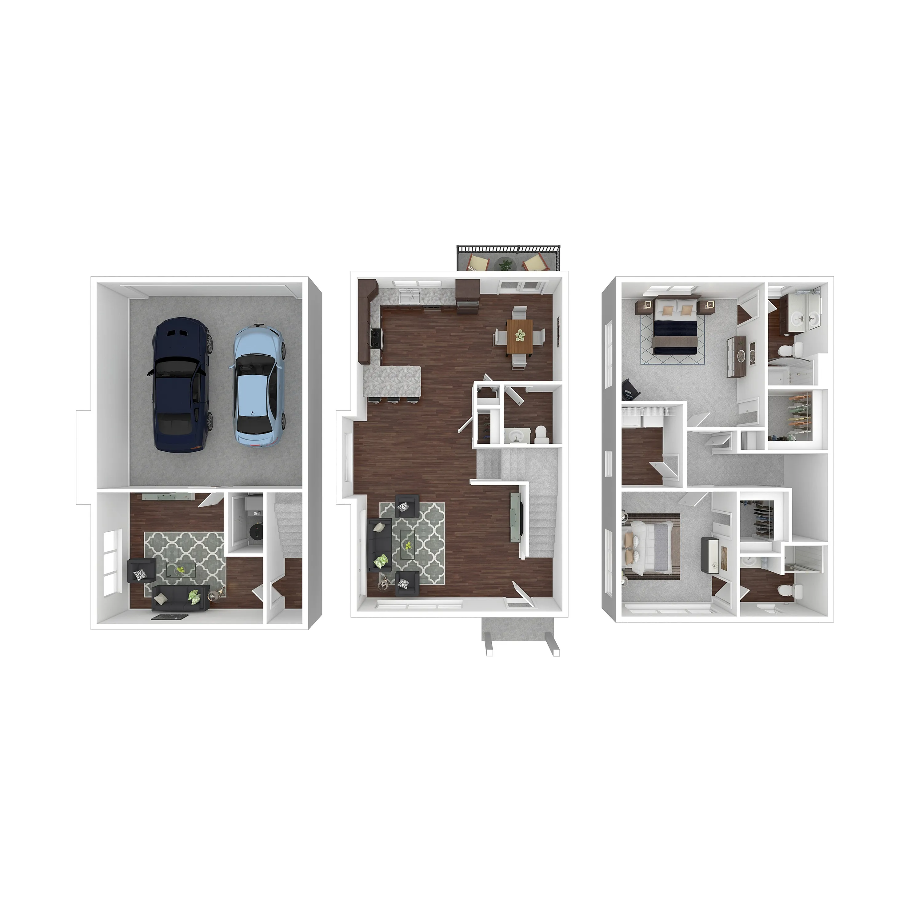 Contemporary 3D floor plan showcasing a two-story layout with 3 bedrooms, spacious living area, modern kitchen, and a two-car garage.