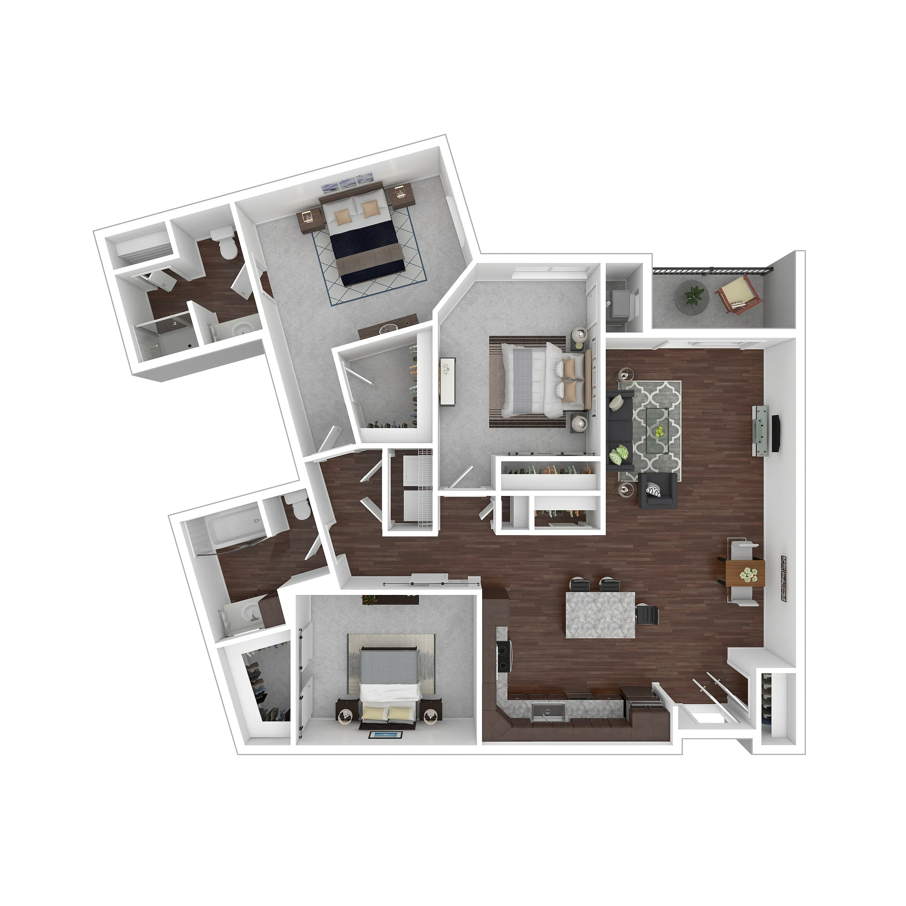 Inviting 3D floor plan showcasing 3 bedrooms, elegant open-concept living and dining area, modern kitchen, and two bathrooms with stylish finishes.