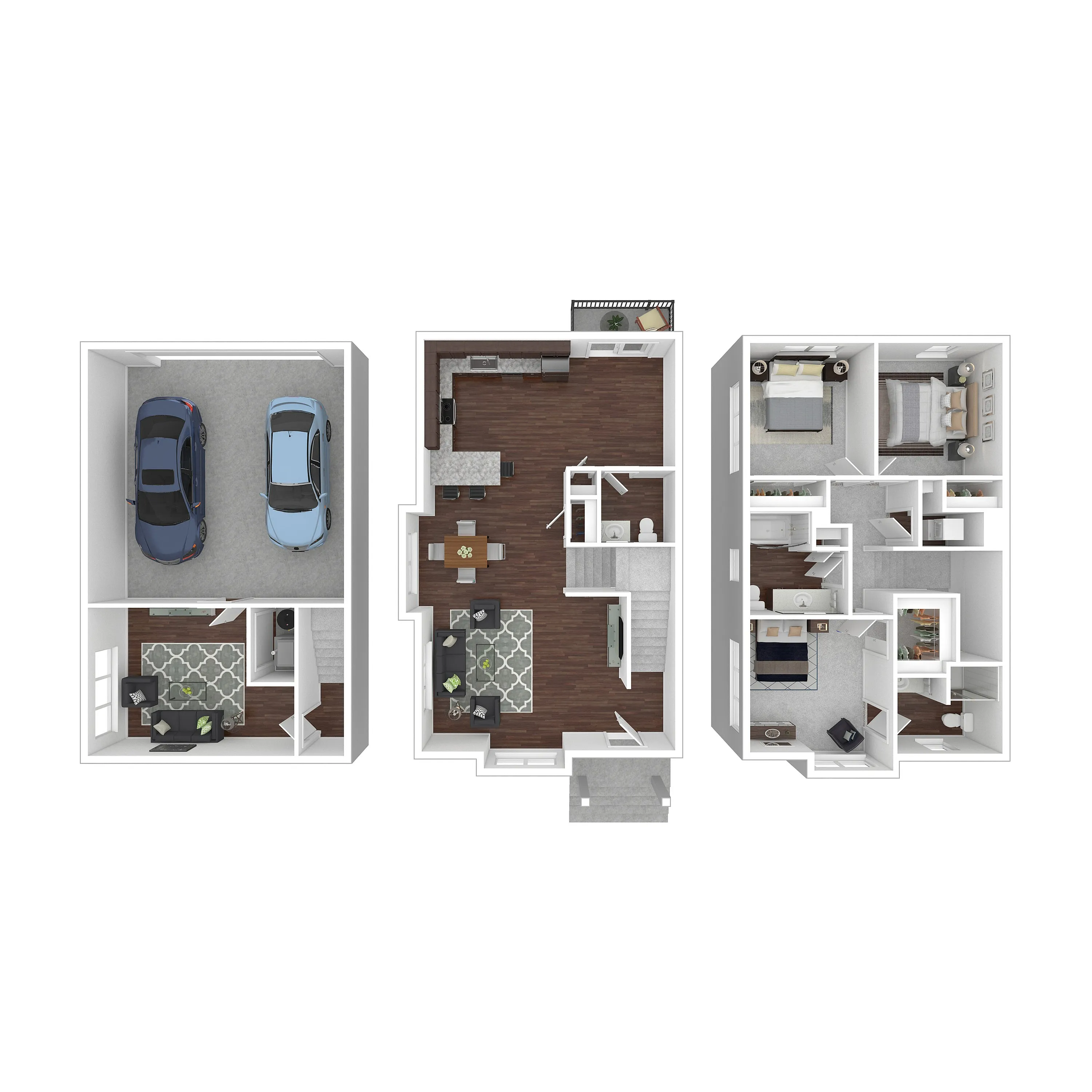 Elegant 3D floor plan showcasing a modern townhouse with a two-car garage, spacious open-concept living area, stylish kitchen, and three cozy bedrooms.