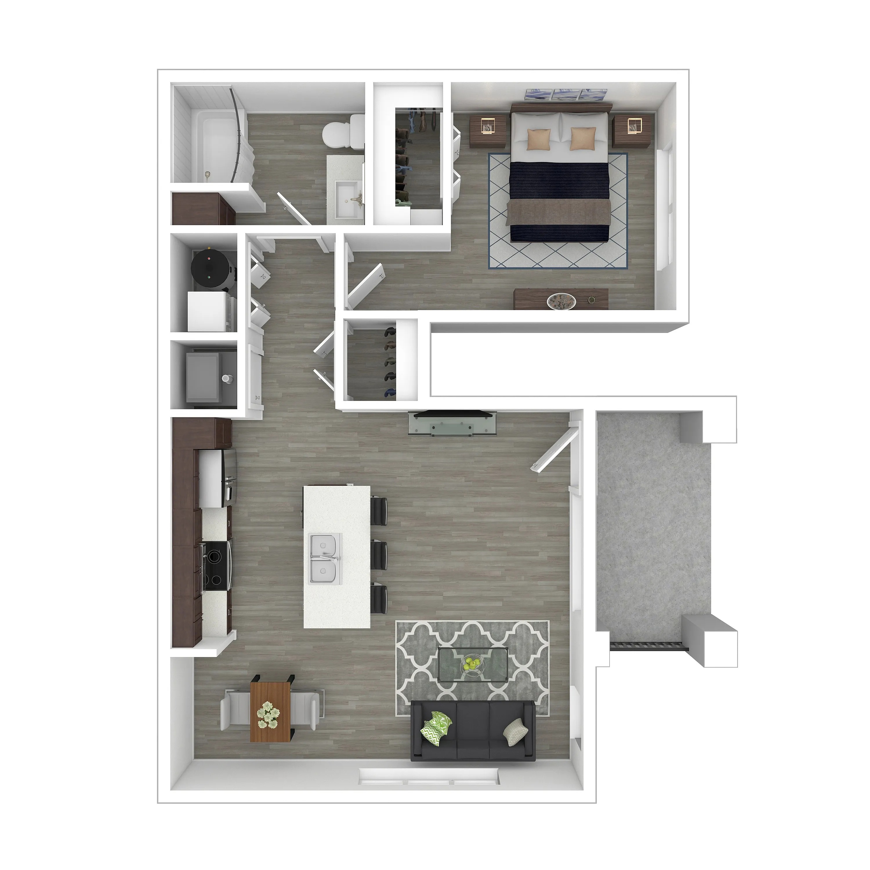 Contemporary 1-bedroom apartment floor plan featuring an open kitchen, cozy living area, and luxurious bathroom.