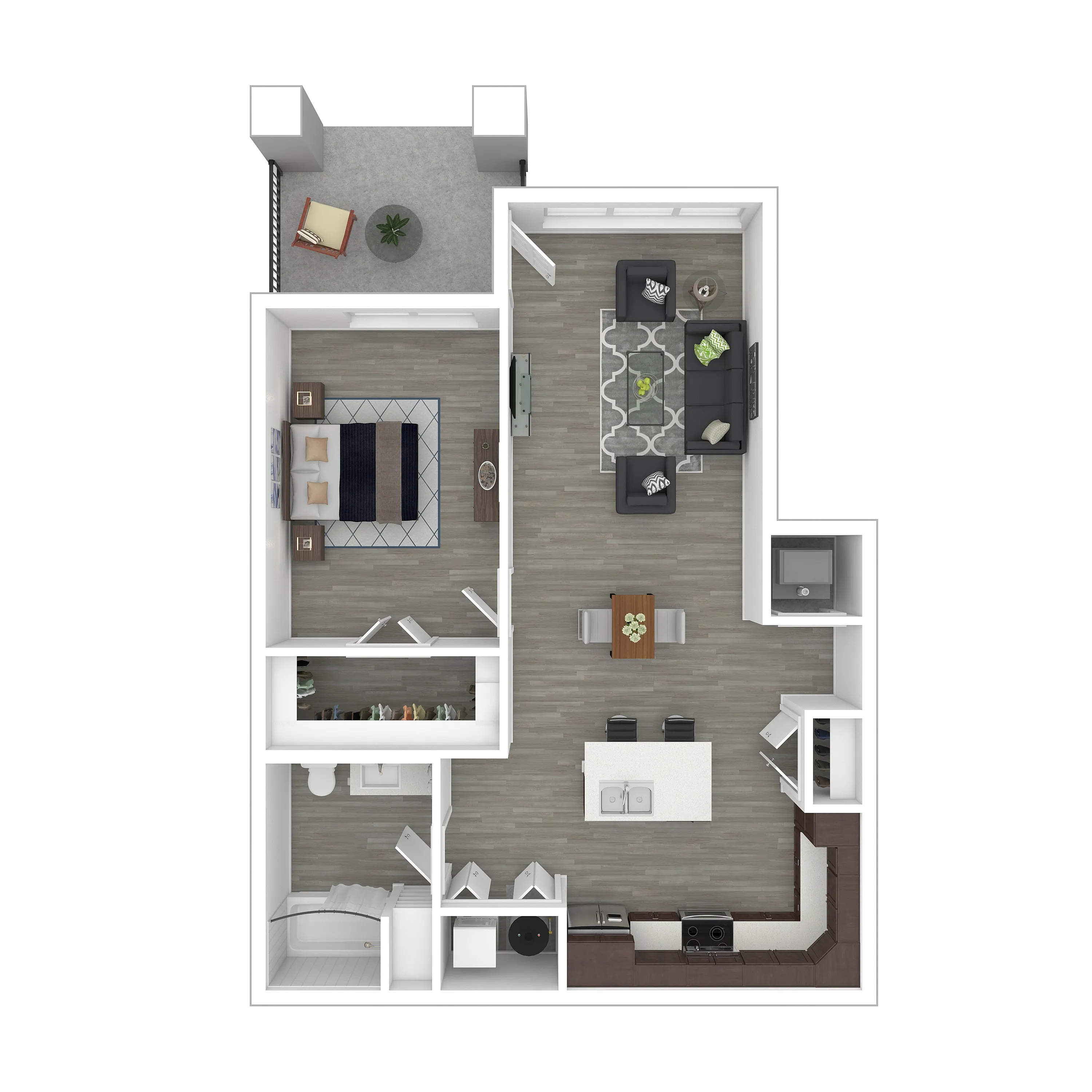 Contemporary 1-bedroom floor plan featuring an open-concept living area, sleek kitchen, cozy balcony, and stylish bathroom.