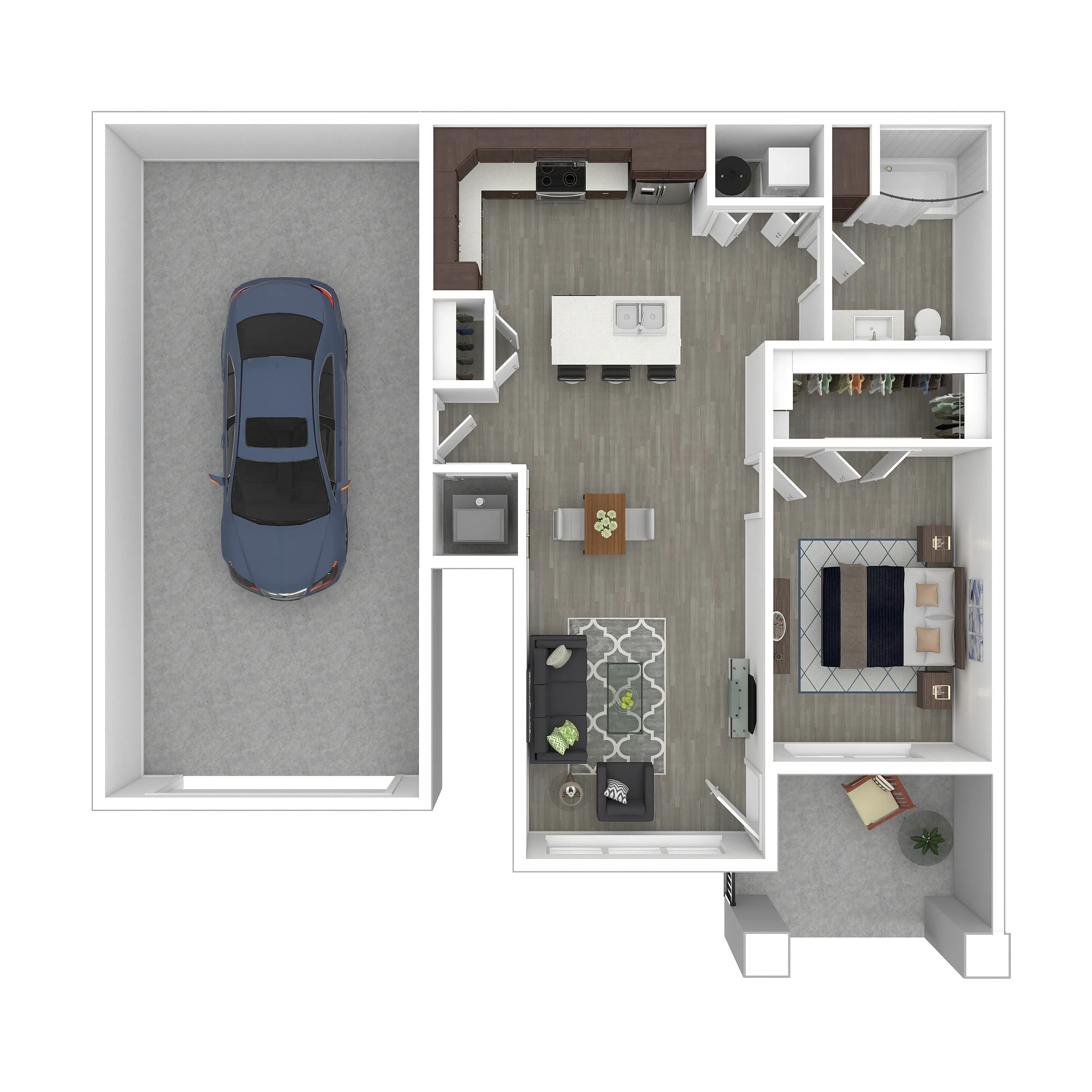 Modern floor plan showcasing a chic 1-bedroom apartment with open-concept living and kitchen area, spacious garage, and patio, perfect for urban living.