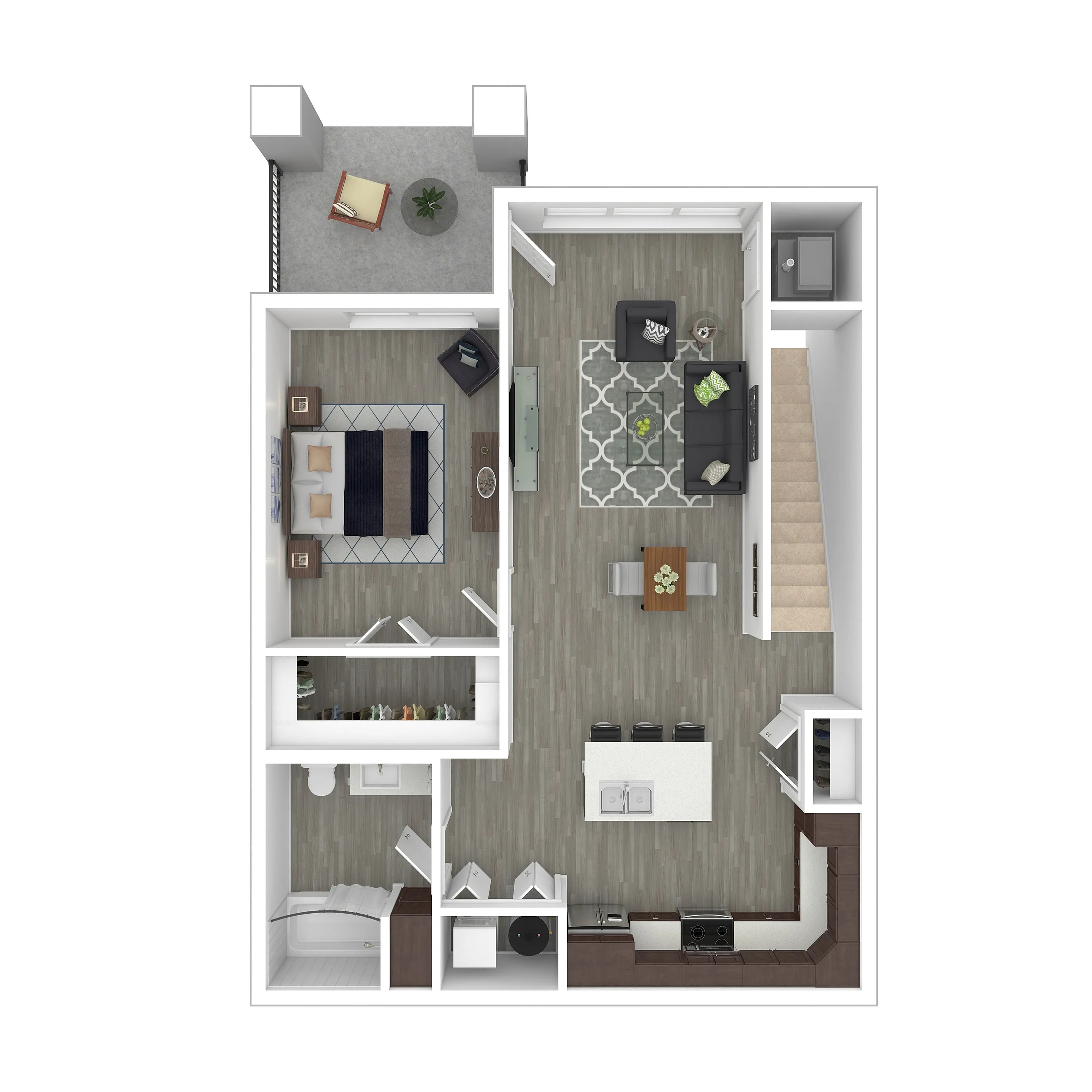 Modern 2D floor plan showcasing a single-bedroom layout with an open-concept living room, stylish kitchen, and inviting balcony area.
