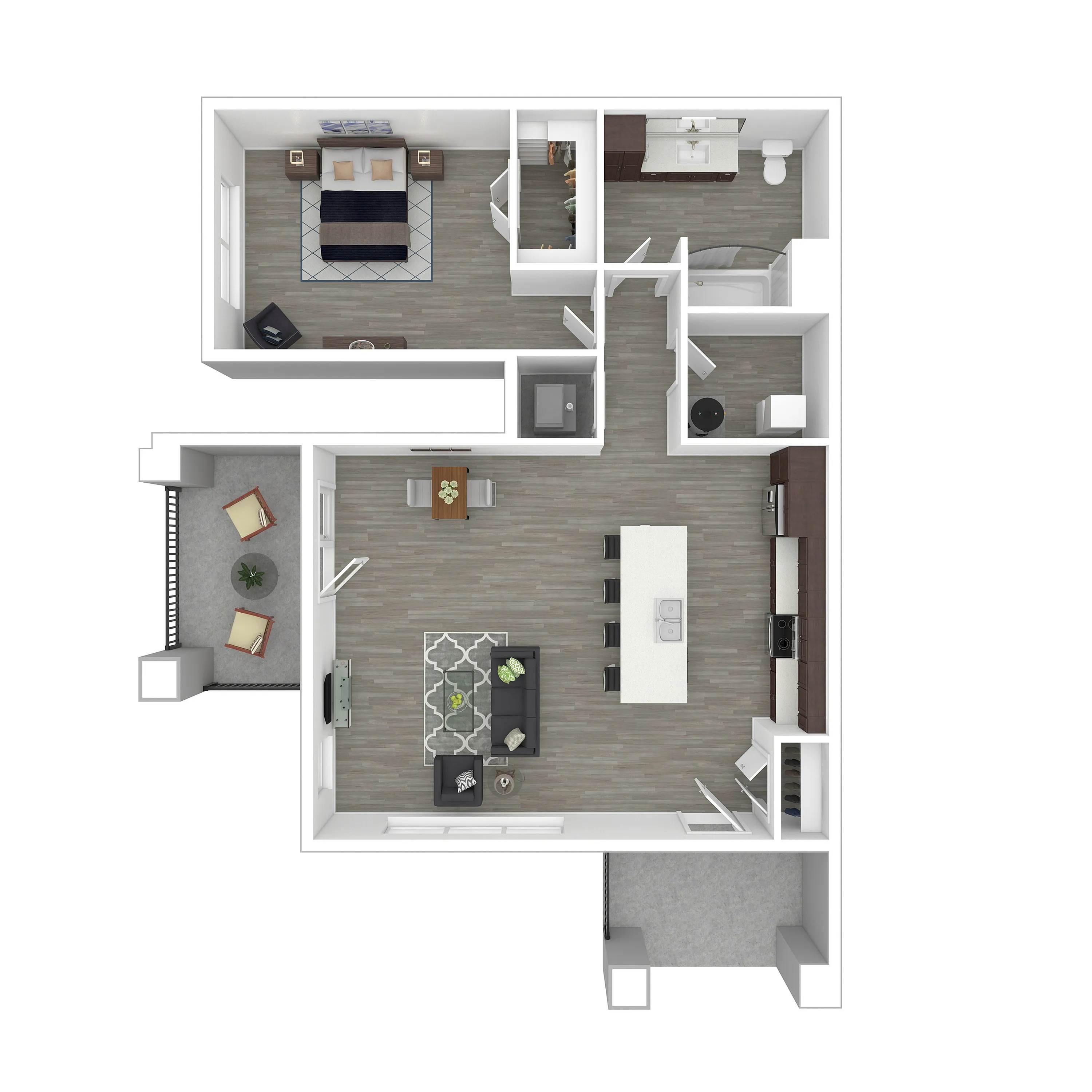 Modern floor plan showcasing an open-concept living area with sleek kitchen, cozy bedroom, spacious bathroom, and inviting balcony.