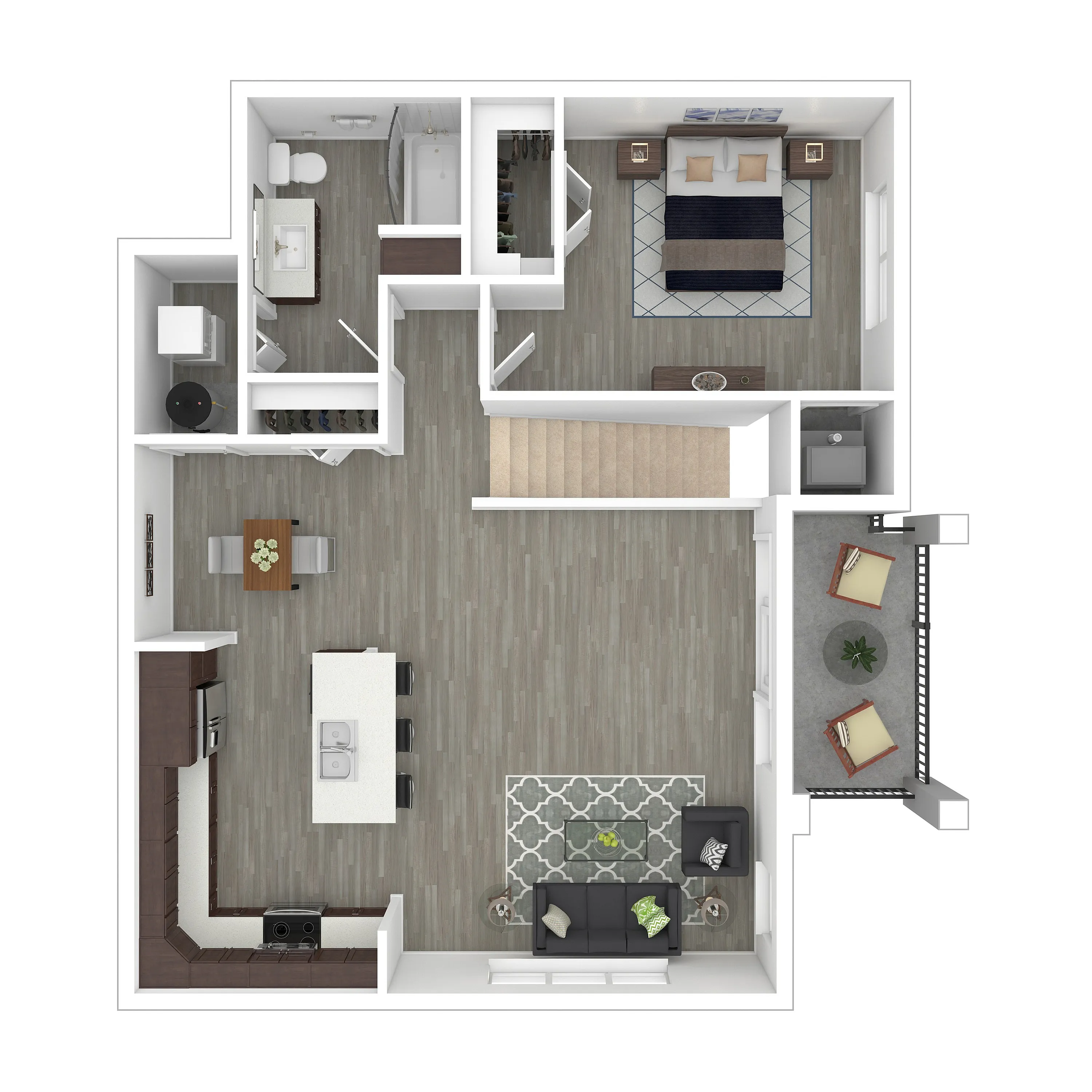 Modern apartment floor plan featuring a spacious open-concept kitchen and living room, one bedroom, and a balcony with seating.