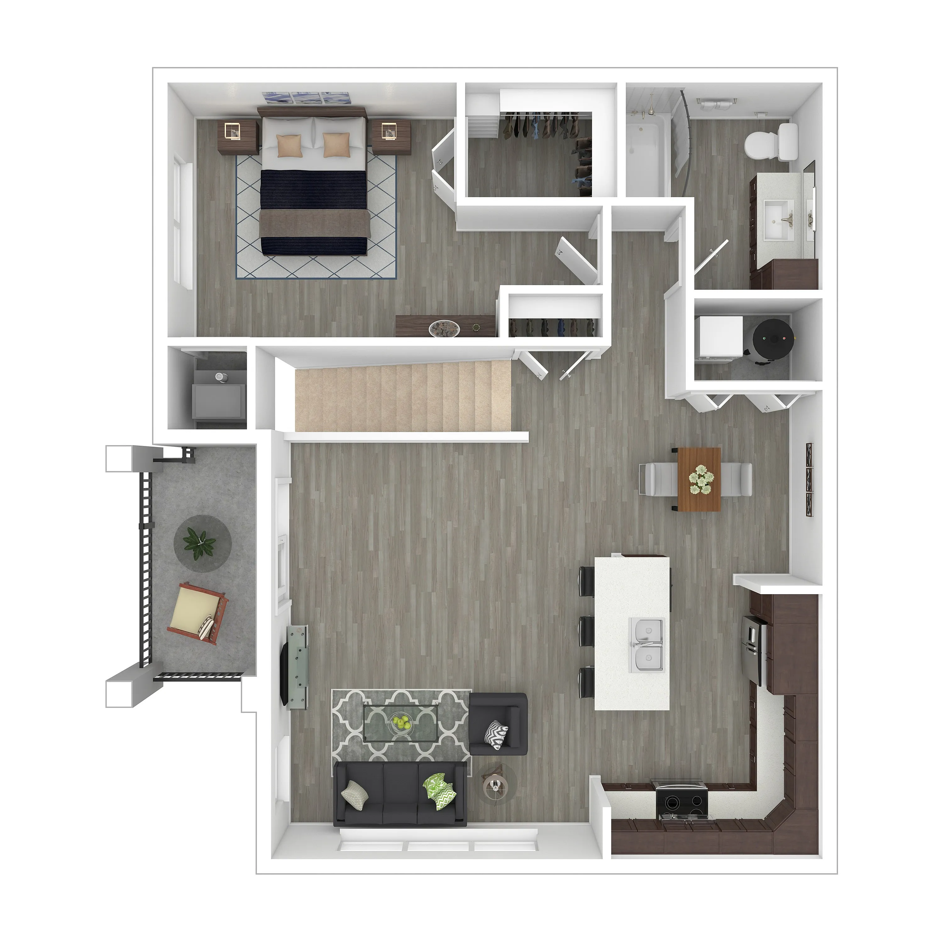 Modern floor plan featuring a spacious layout with one bedroom, open-concept living and dining area, sleek kitchen, large bathroom, and a cozy balcony.