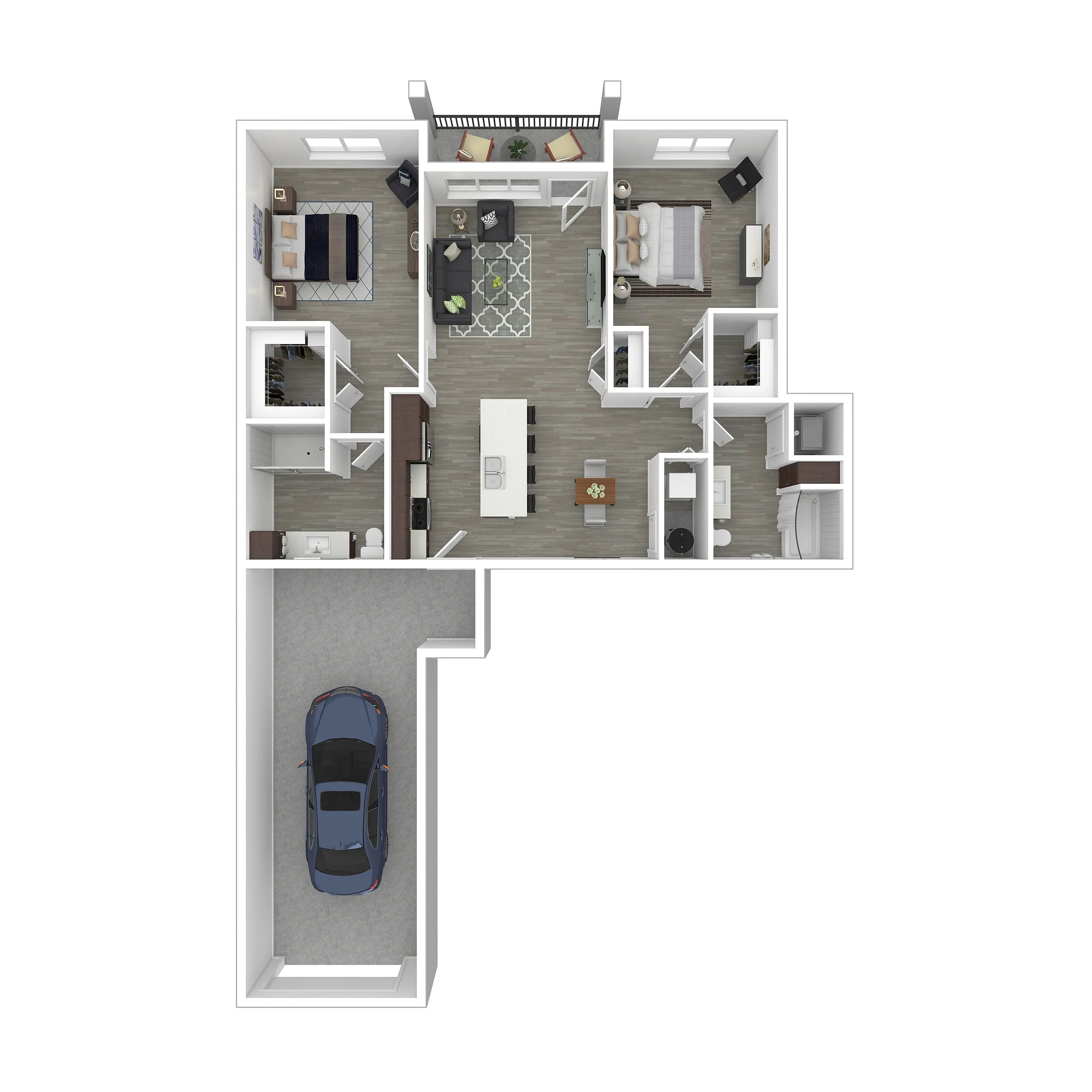 Modern 3D floor plan featuring 2 bedrooms, an elegant open-concept living and dining area, gourmet kitchen, and attached garage.