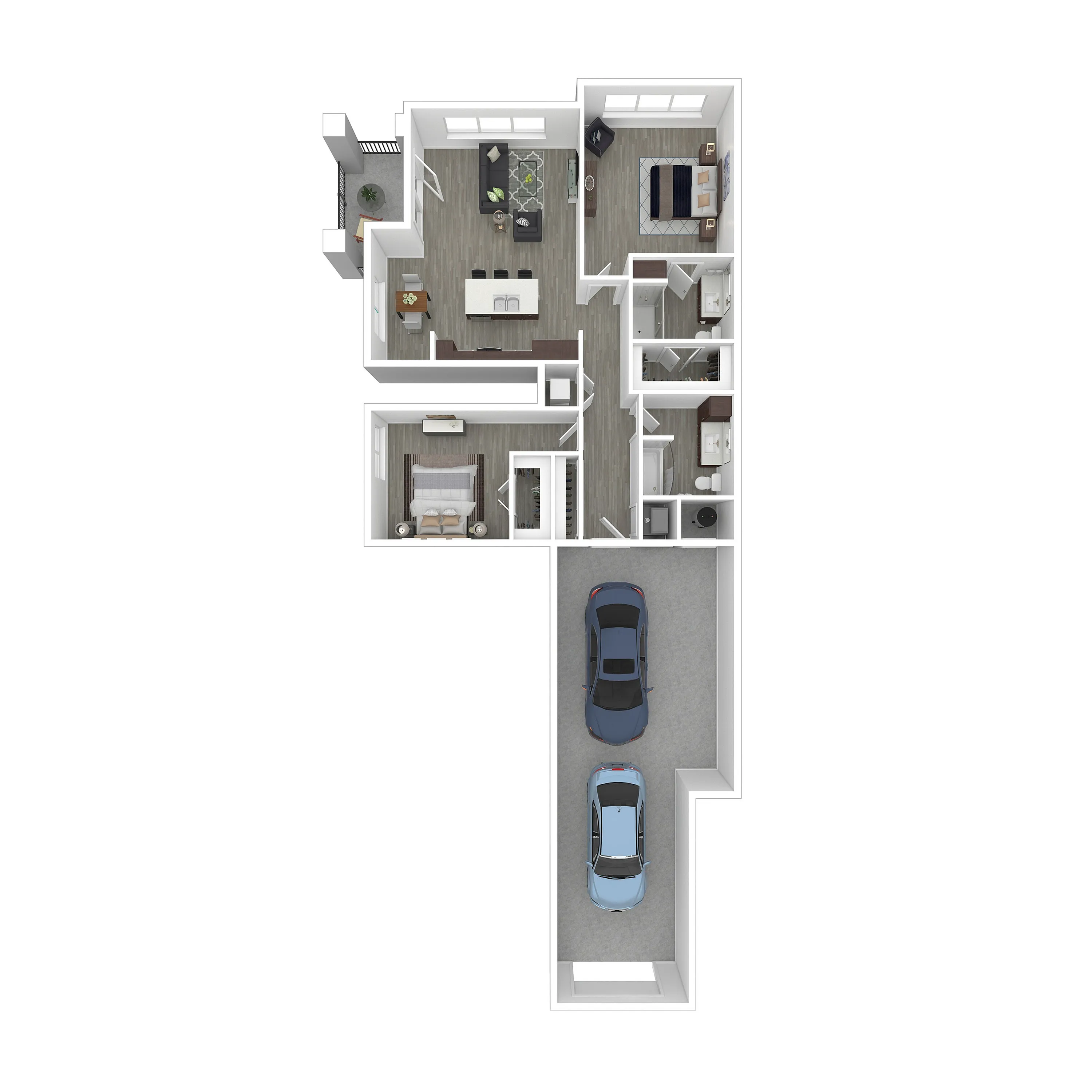 Modern 3D floor plan showcasing an open living space, two cozy bedrooms, stylish kitchen, and dual car garage.
