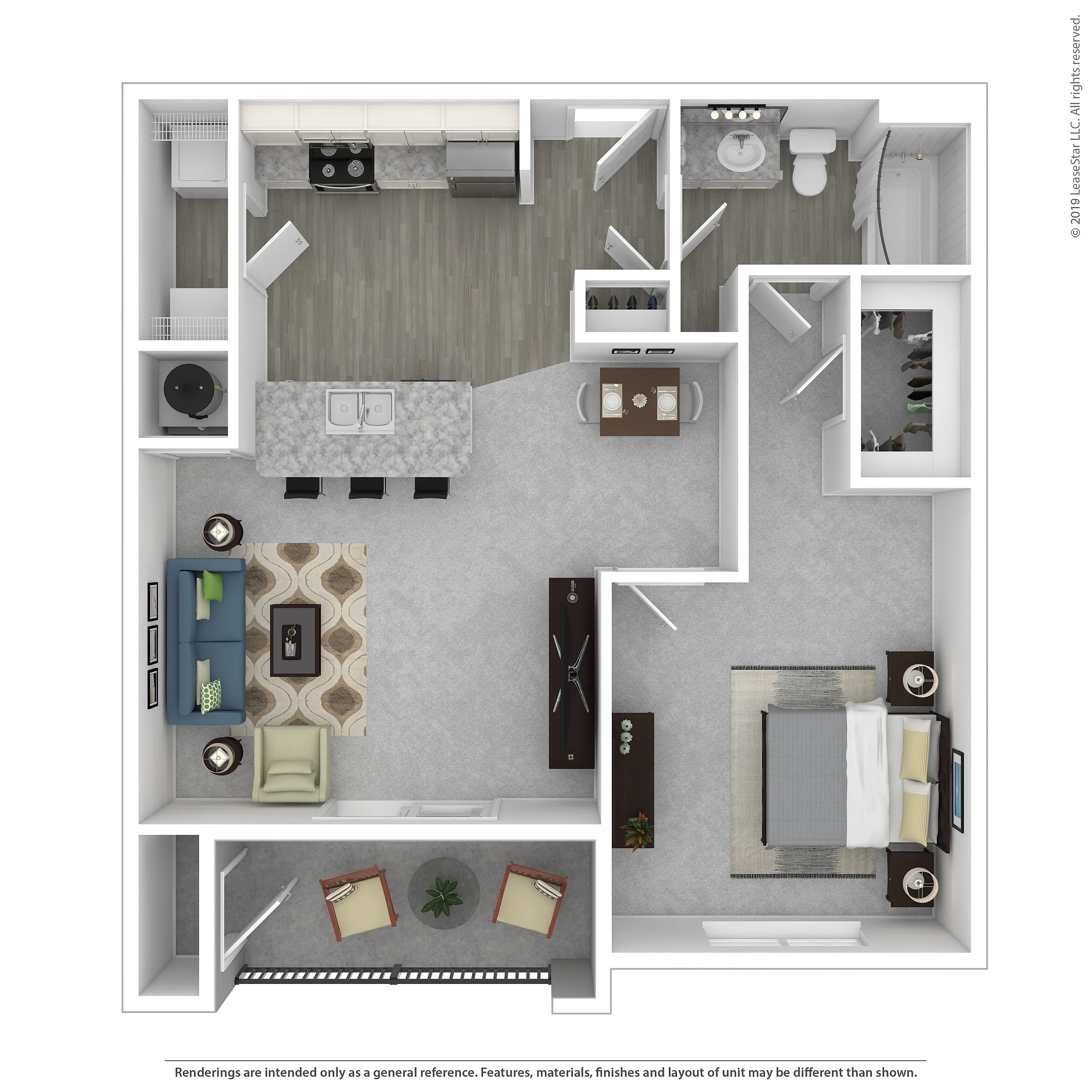 Modern apartment floor plan showcasing an open-concept layout with a spacious bedroom, contemporary kitchen with island, cozy living room, and sleek bathroom. Ideal for stylish urban living.