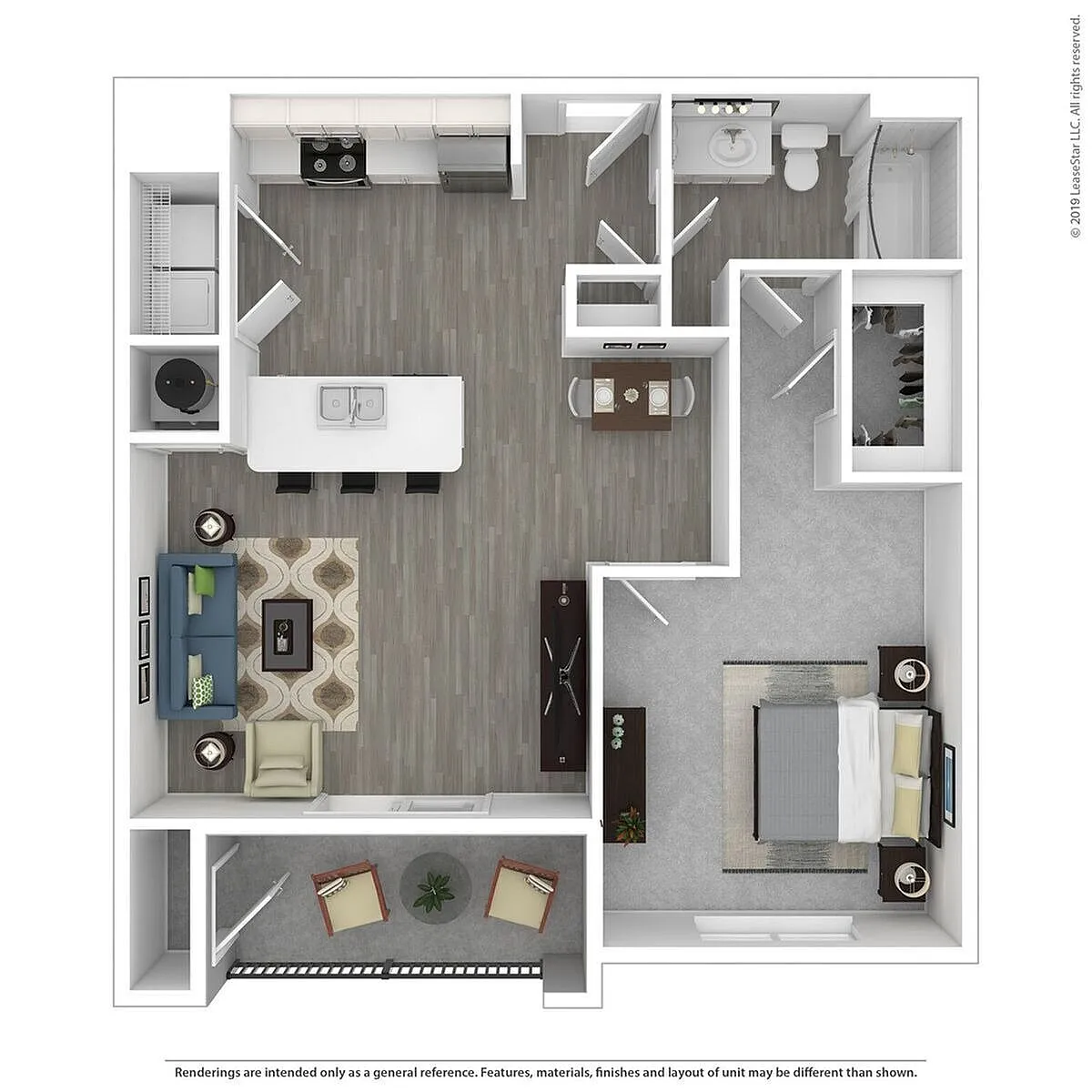 Chic 2D floor plan showcasing a modern 1-bedroom apartment with open-concept living area, sleek kitchen, stylish bathroom, and cozy balcony.