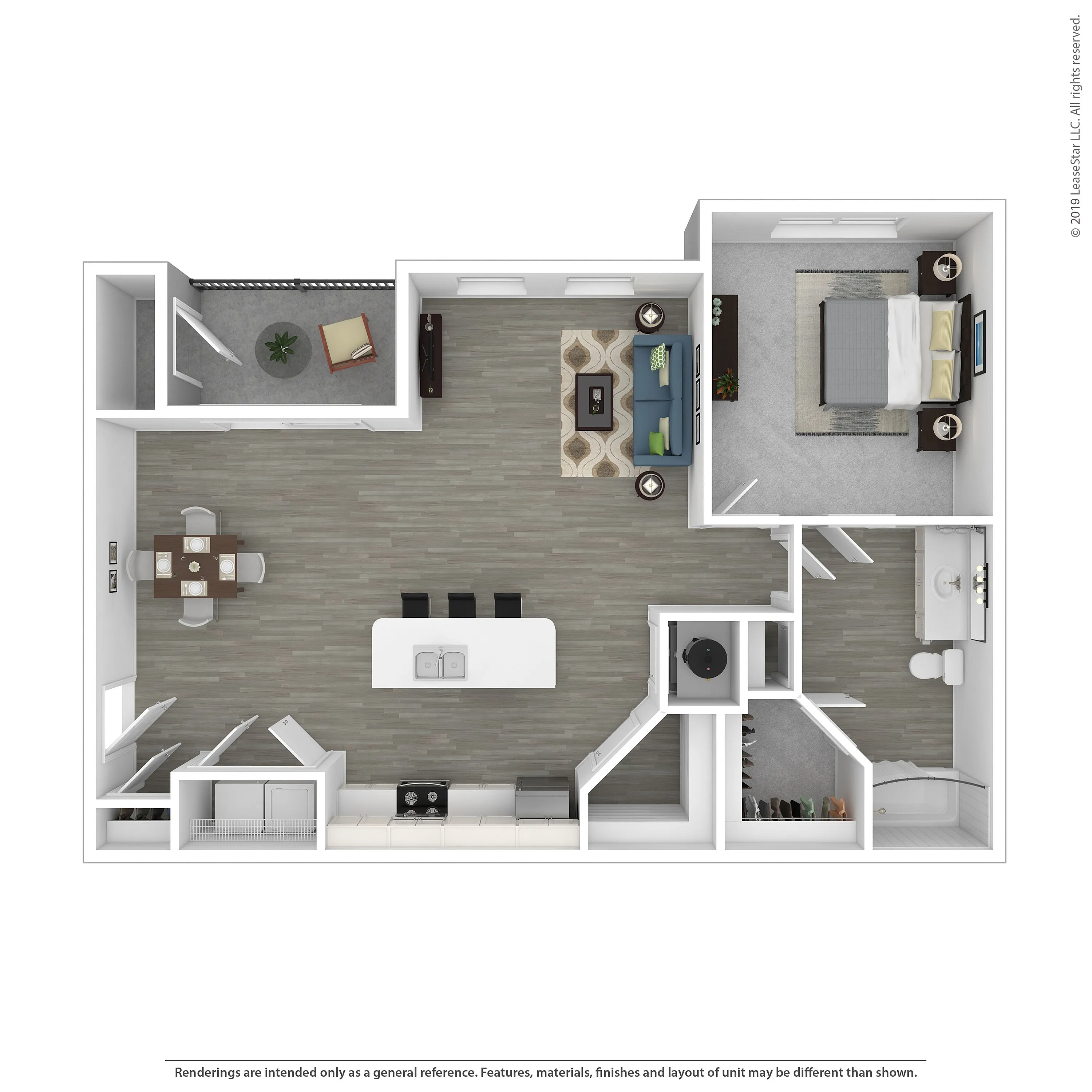 Modern 2D floor plan showcasing a sleek open-concept living and dining area, cozy bedroom, and spacious balcony.