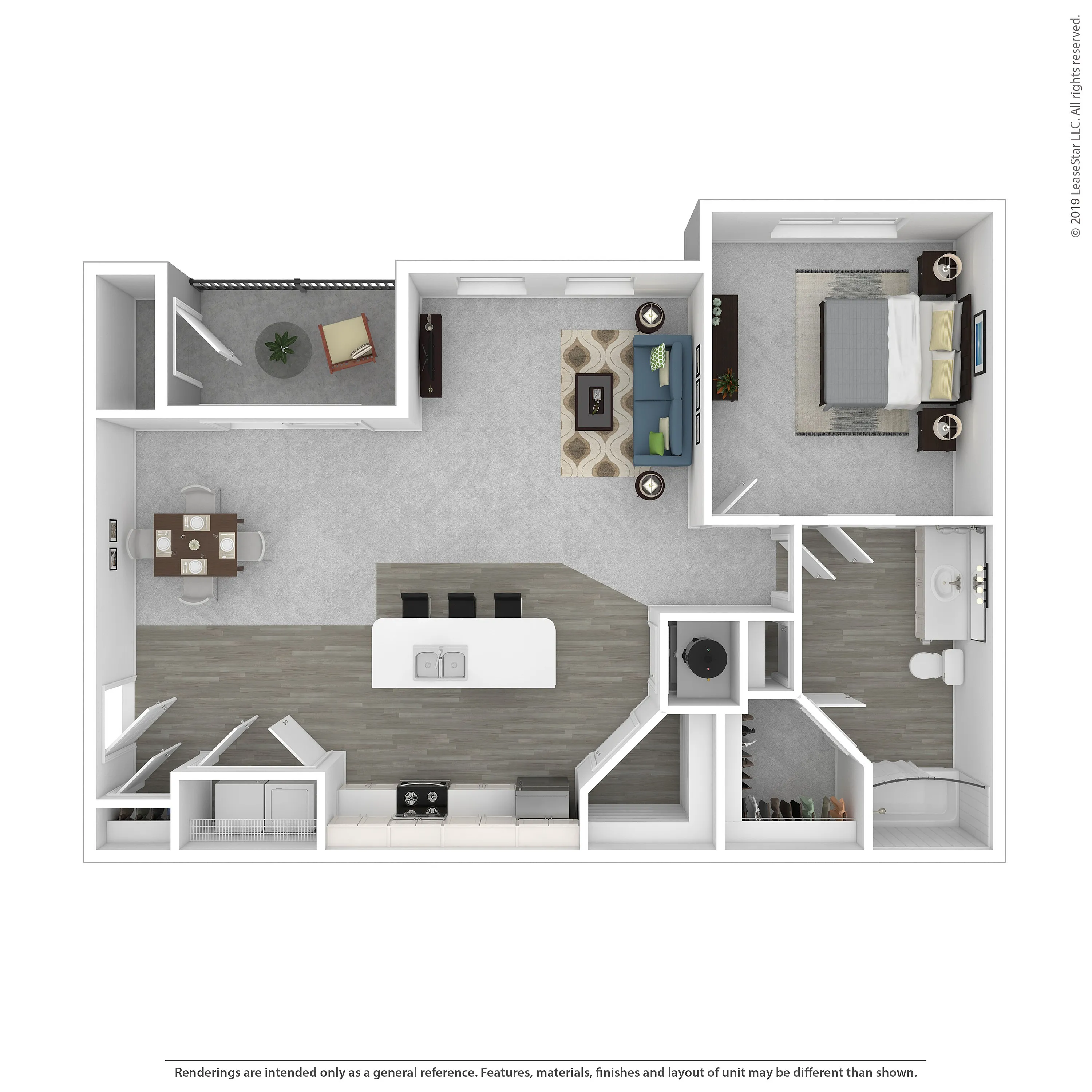 Contemporary 2D floor plan showcasing a spacious 1-bedroom layout with an open-concept kitchen and living area, stylish dining space, and a modern bathroom.