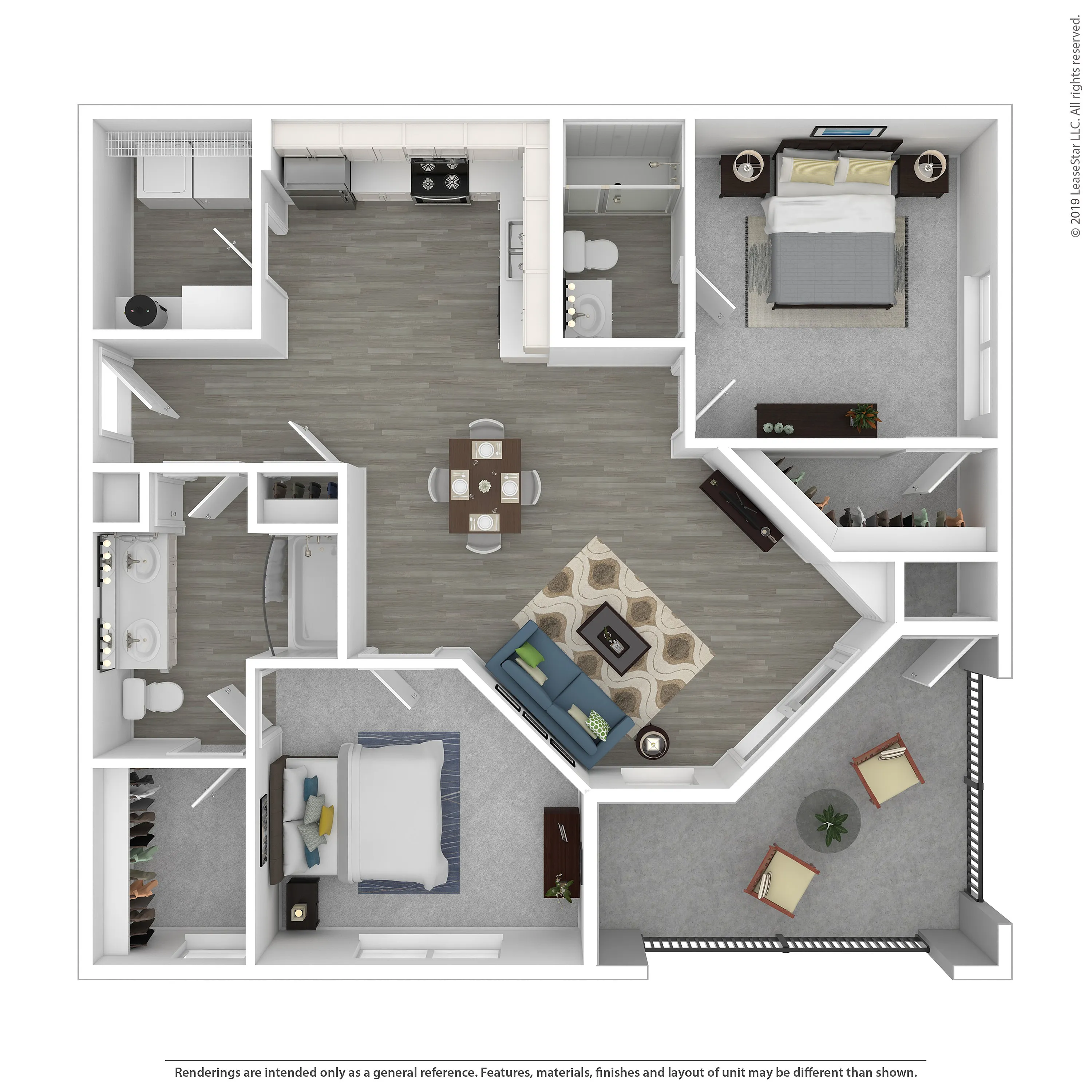 Modern 2D floor plan with two spacious bedrooms, open-concept living area, elegant kitchen, and private balcony.
