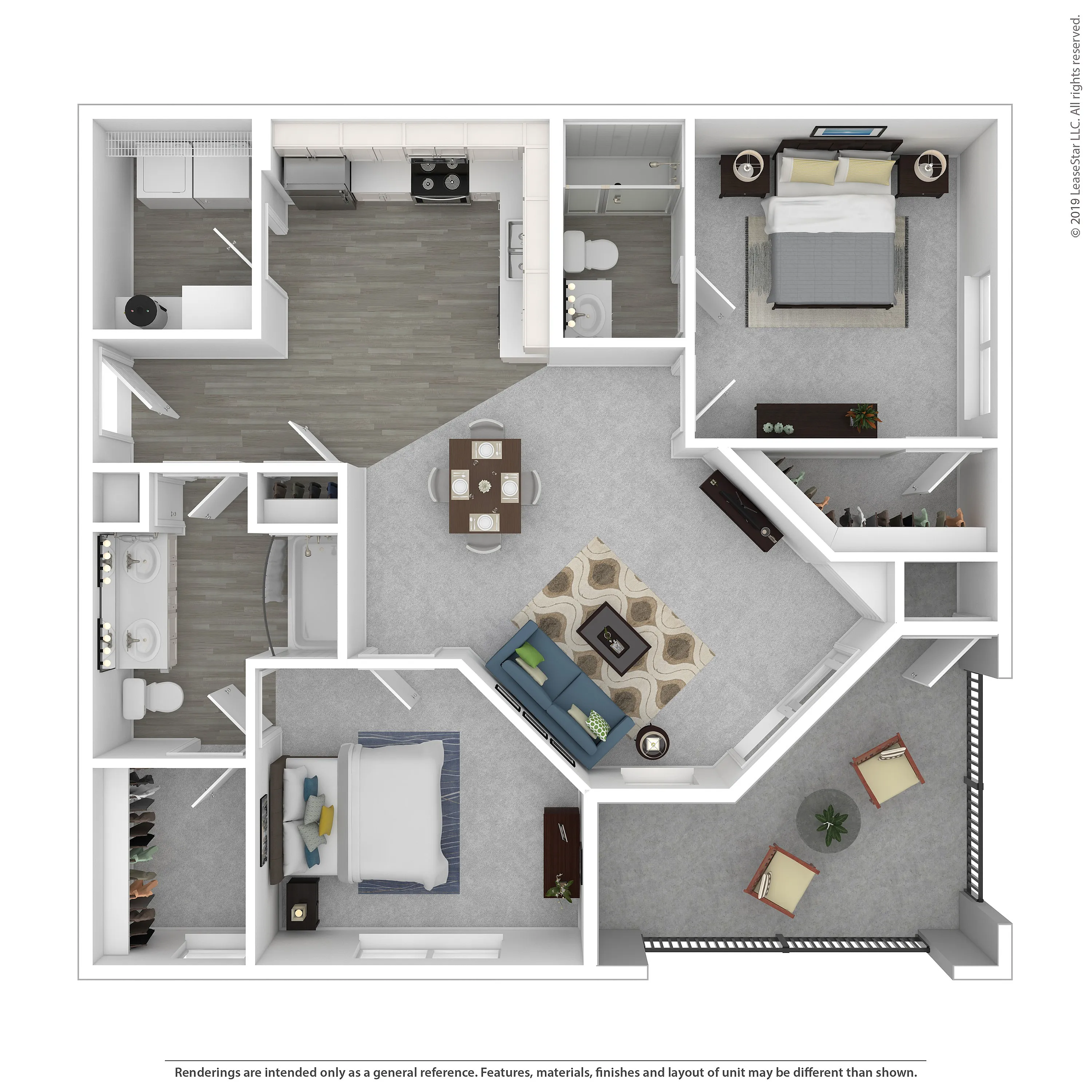 Modern 2D floor plan showcasing 2 bedrooms, an open living area, and sleek kitchen with a dining space, featuring a cozy balcony and two spacious bathrooms.