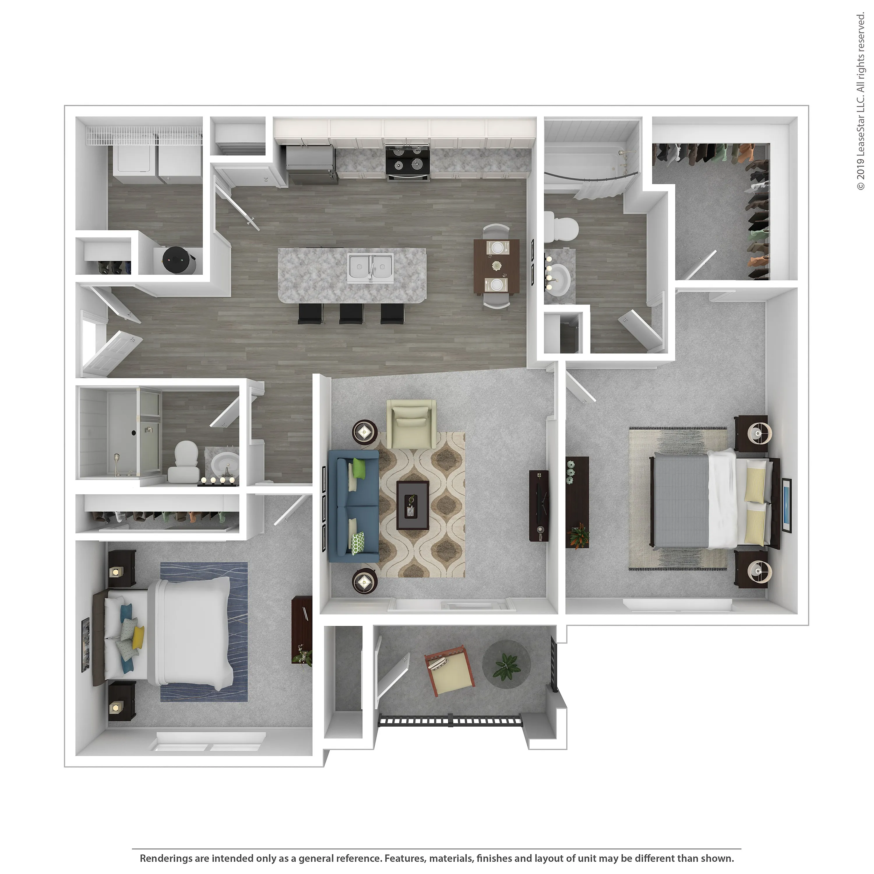 Elegant 2D floor plan showcasing 2 bedrooms, an open-concept kitchen with island, spacious living area, and two modern bathrooms.