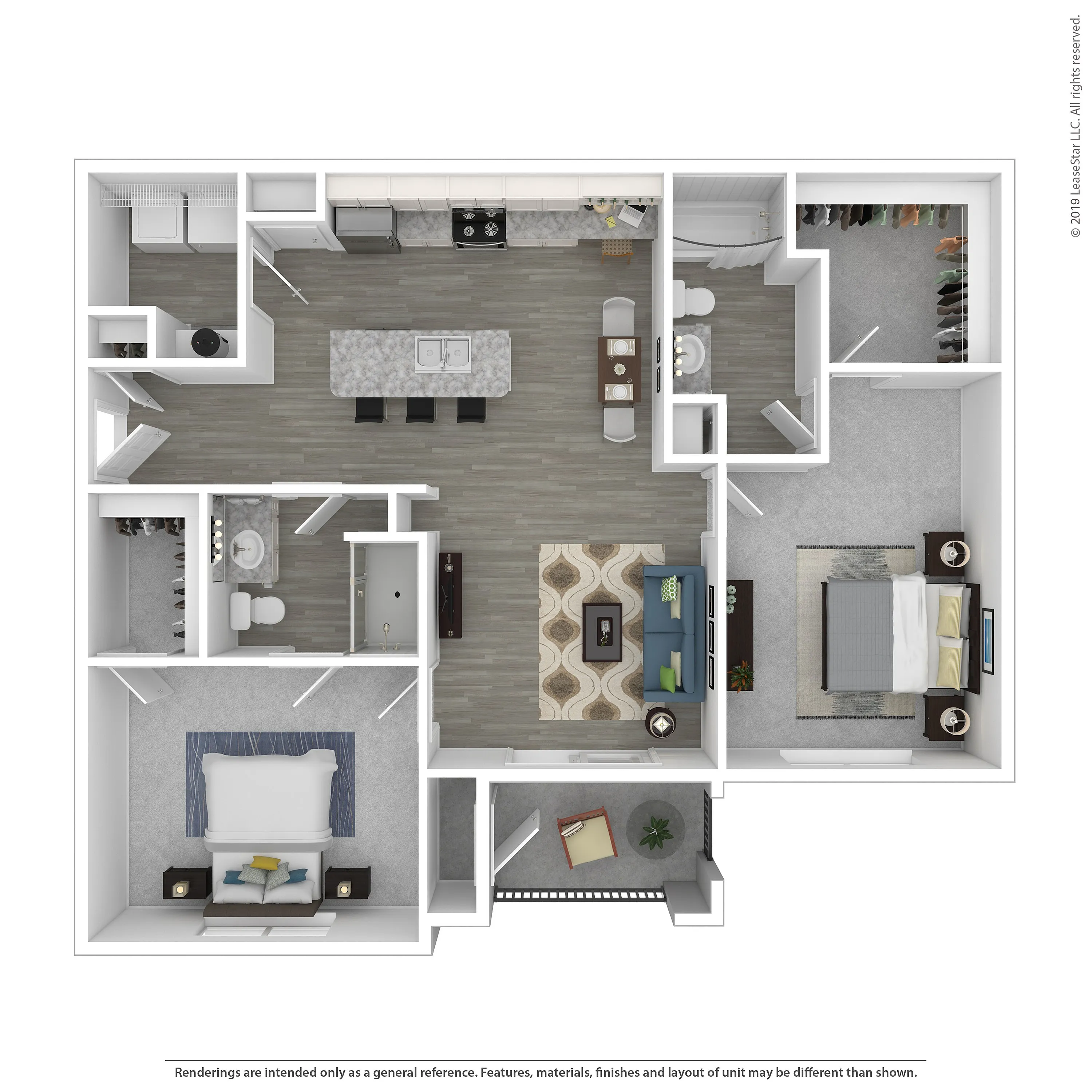 Modern 2D floor plan showcasing 2 bedrooms, 2 bathrooms, and a stylish open-concept living area with a large kitchen island.