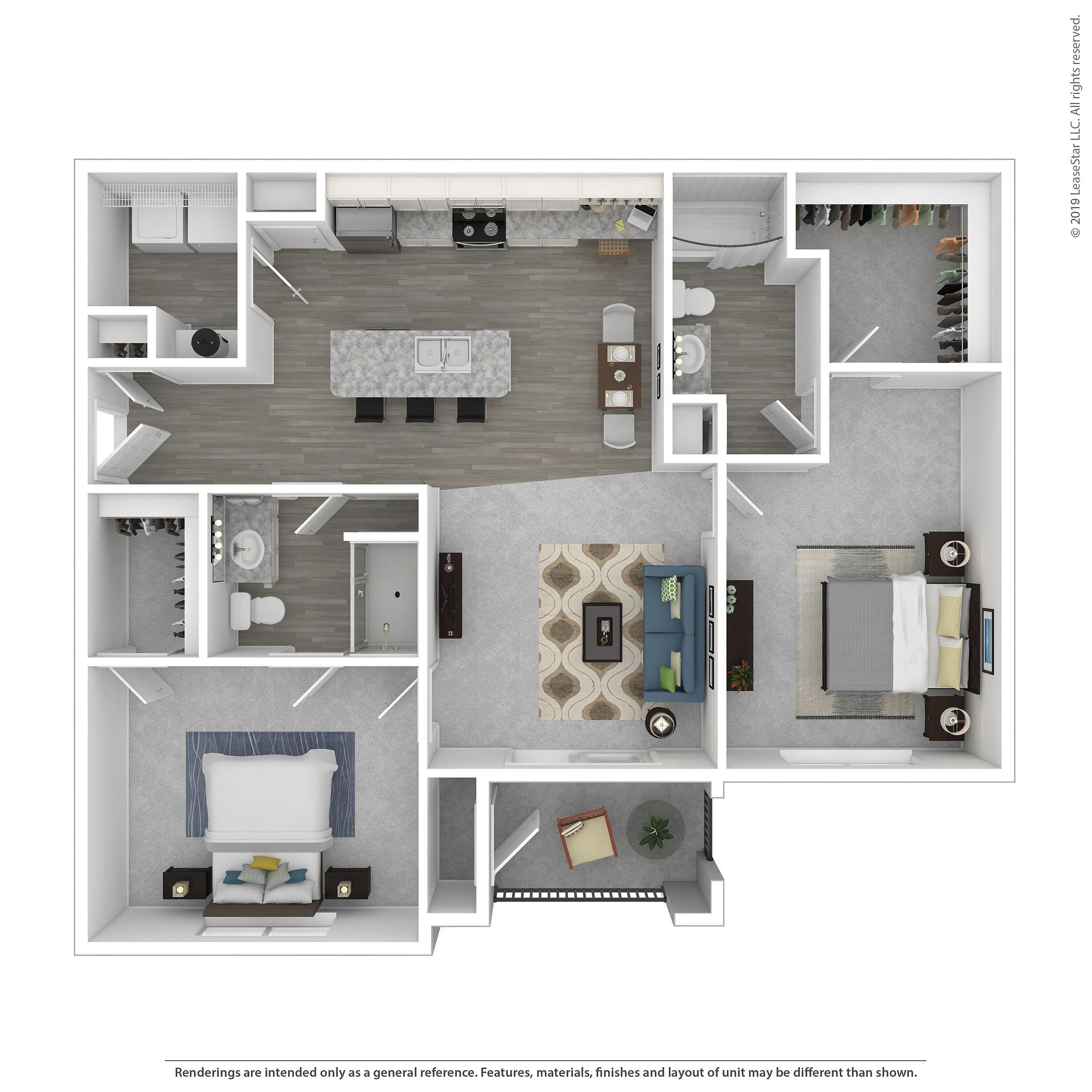 Contemporary floor plan showcasing two spacious bedrooms, a modern kitchen with a central island, and an inviting living area, ideal for stylish living.