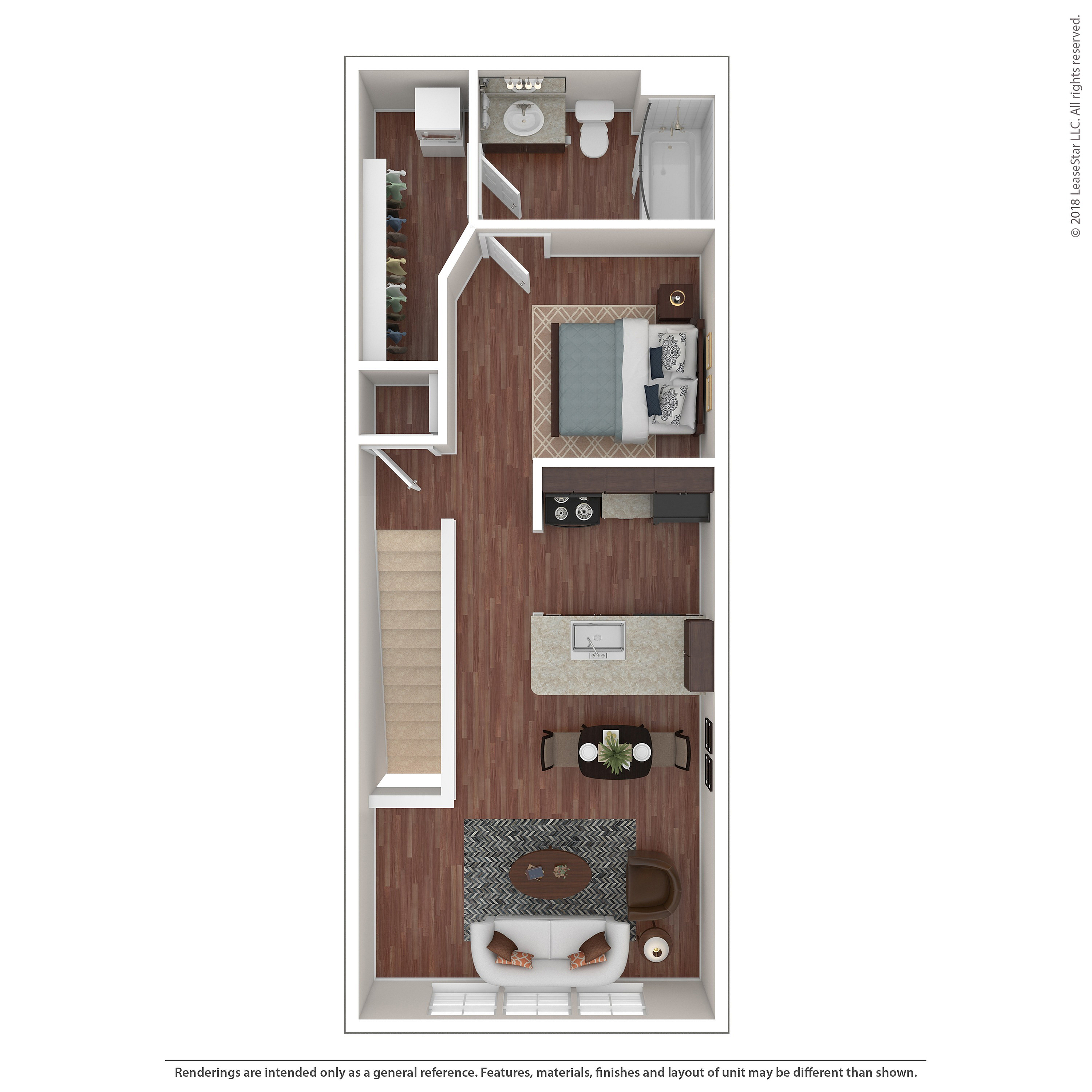 Charming 1-bedroom floor plan showcasing an open living area, modern kitchen, and elegant bathroom with stylish finishes.