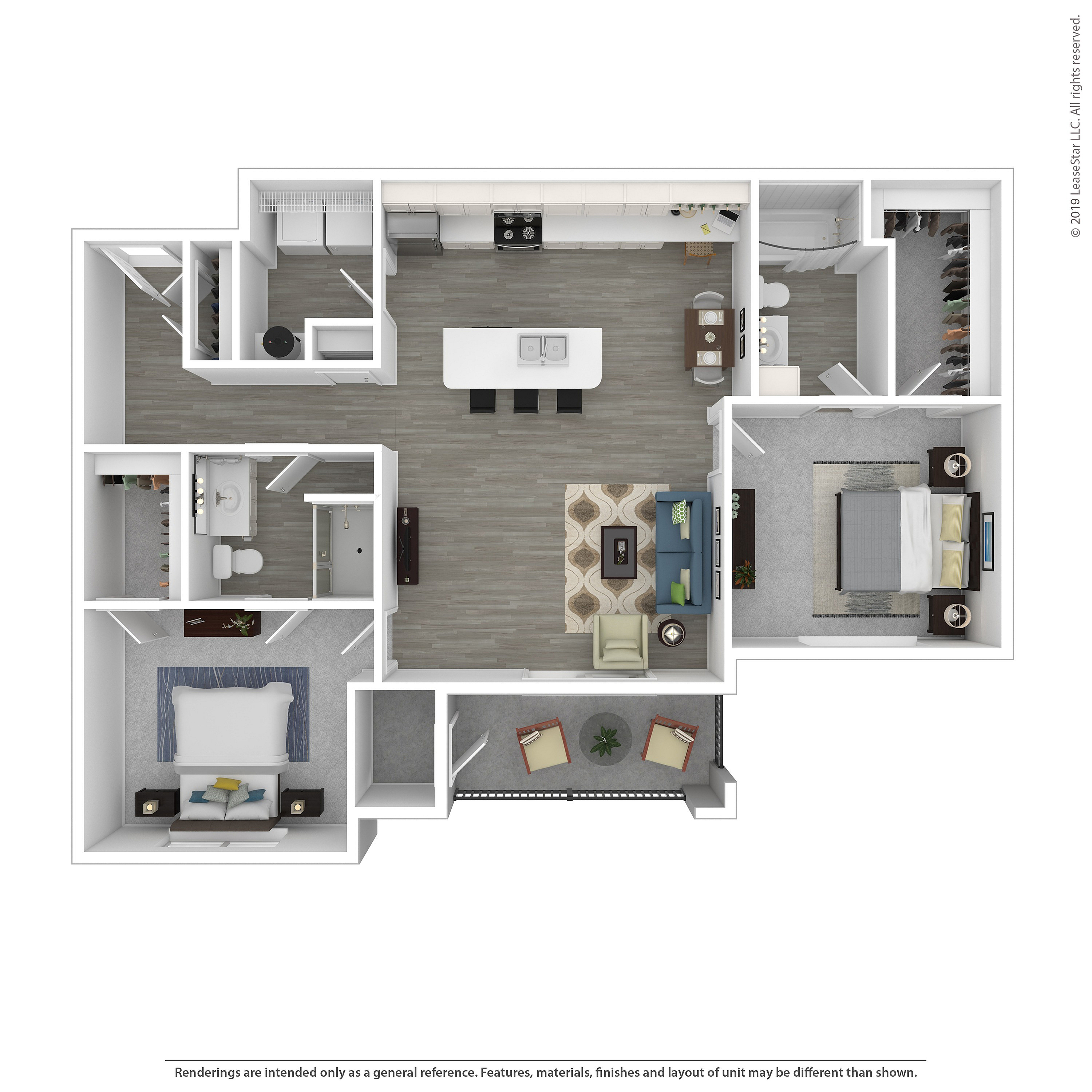 Modern 3D floor plan showcasing two spacious bedrooms, a luxurious open-concept living and dining area, and a sleek kitchen with a central island and ample storage.