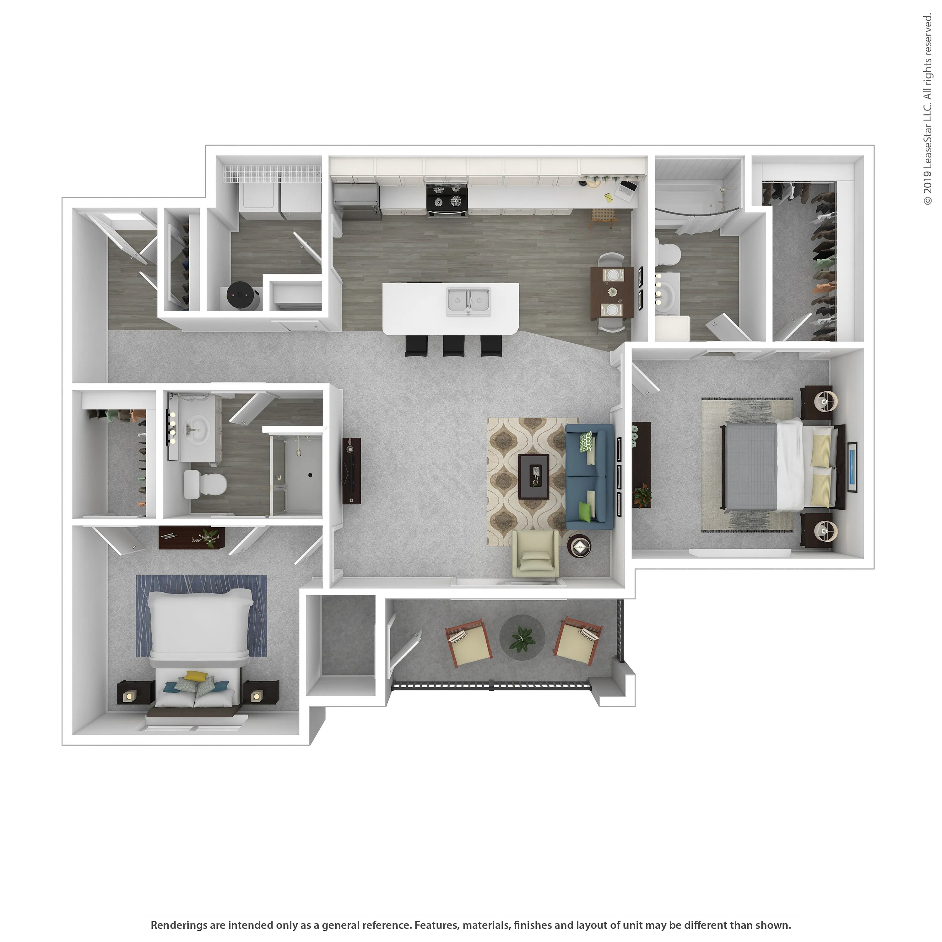 Modern 3D floor plan showcasing two spacious bedrooms, a sleek open kitchen with island, inviting living area, and private balcony.