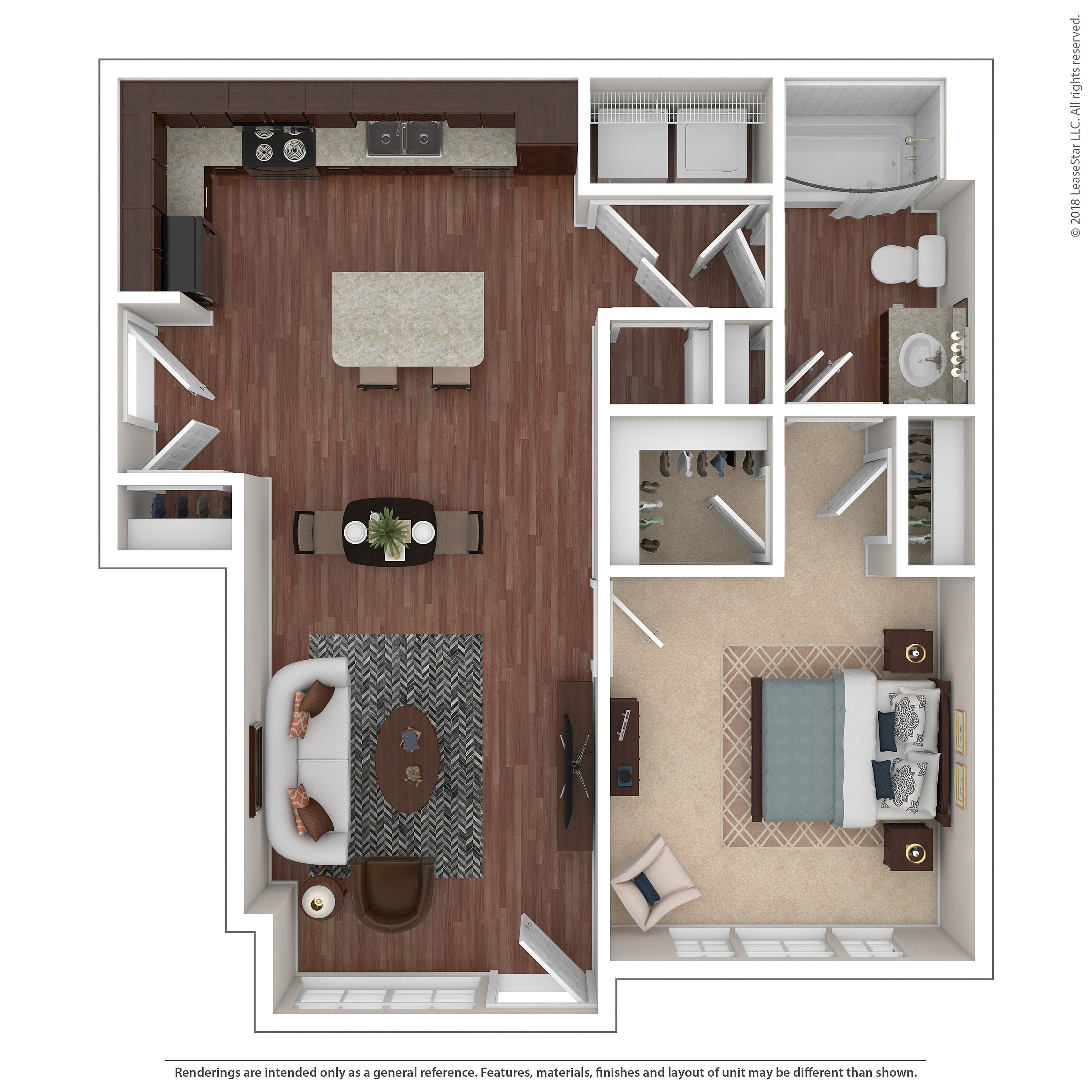 Modern 3D floor plan showcasing an elegant one-bedroom apartment with an open-concept kitchen and dining area, a cozy living space, and a stylish bathroom. Ideal for contemporary living.