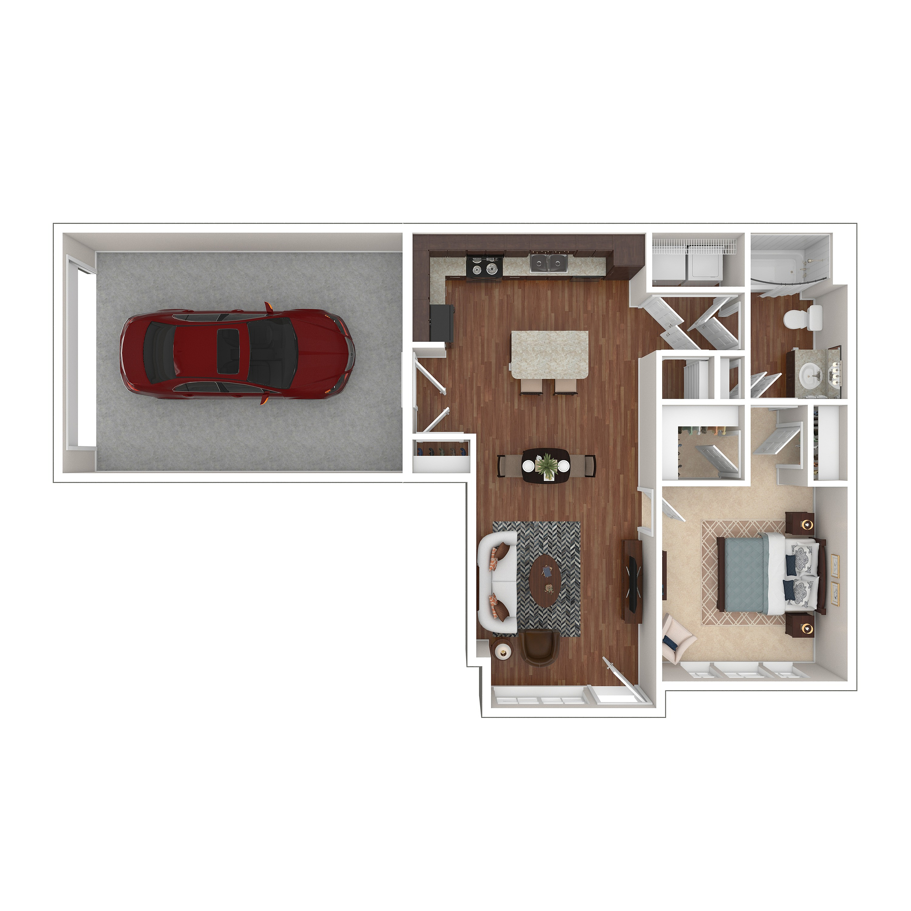 Modern floor plan with a single bedroom, open-concept kitchen and living area, and an integrated garage.