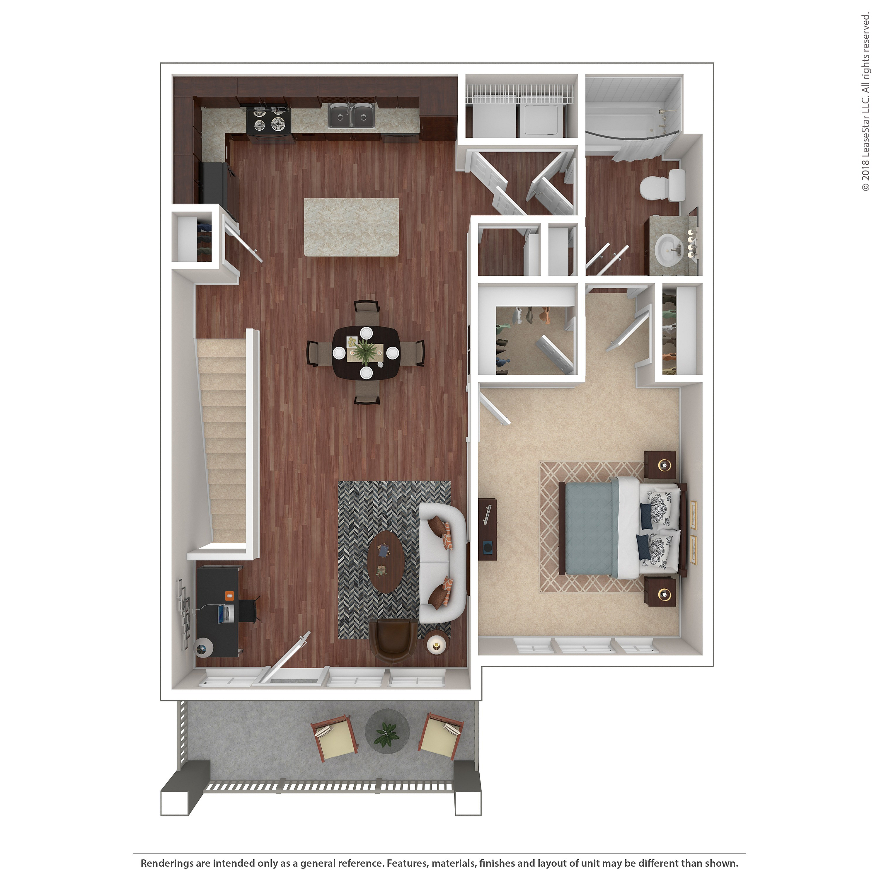 Modern 3D floor plan featuring a spacious open kitchen, inviting living and dining area, cozy bedroom with en-suite bath, and private balcony.