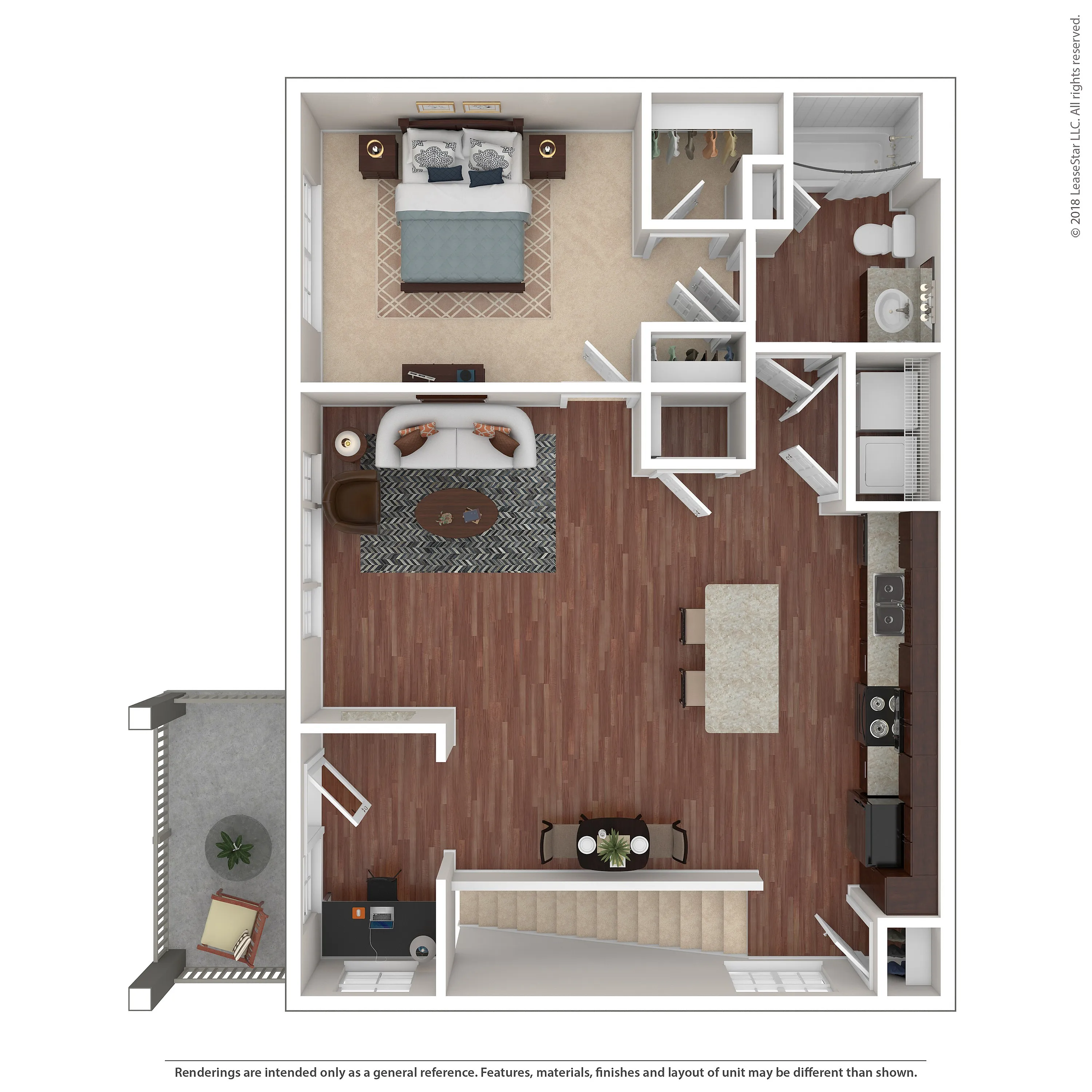 Modern 3D floor plan showcasing a spacious 1-bedroom apartment with an open-concept living area, sleek kitchen, and cozy balcony.