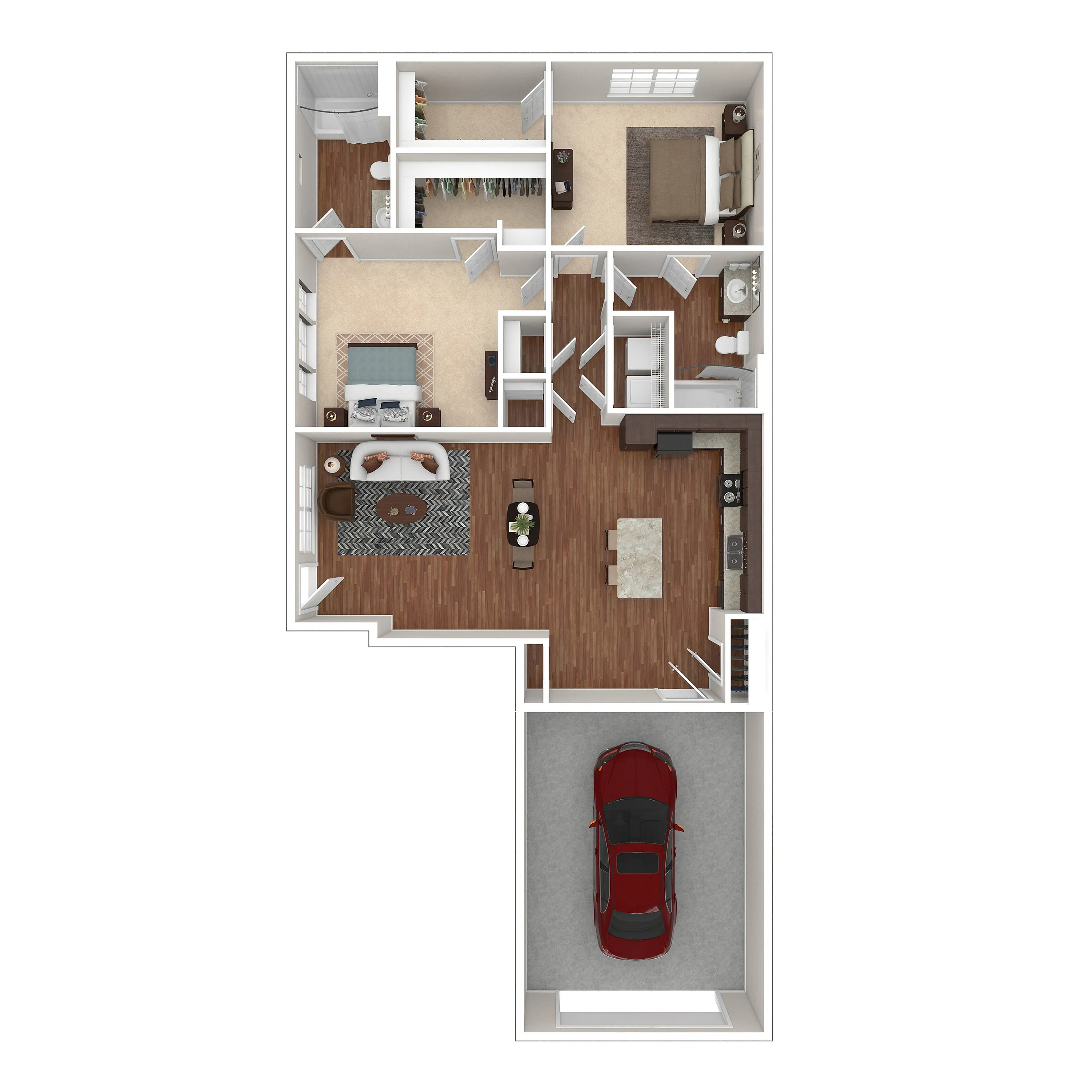 Chic floor plan with three bedrooms, open-concept living area, modern kitchen, and integrated garage.