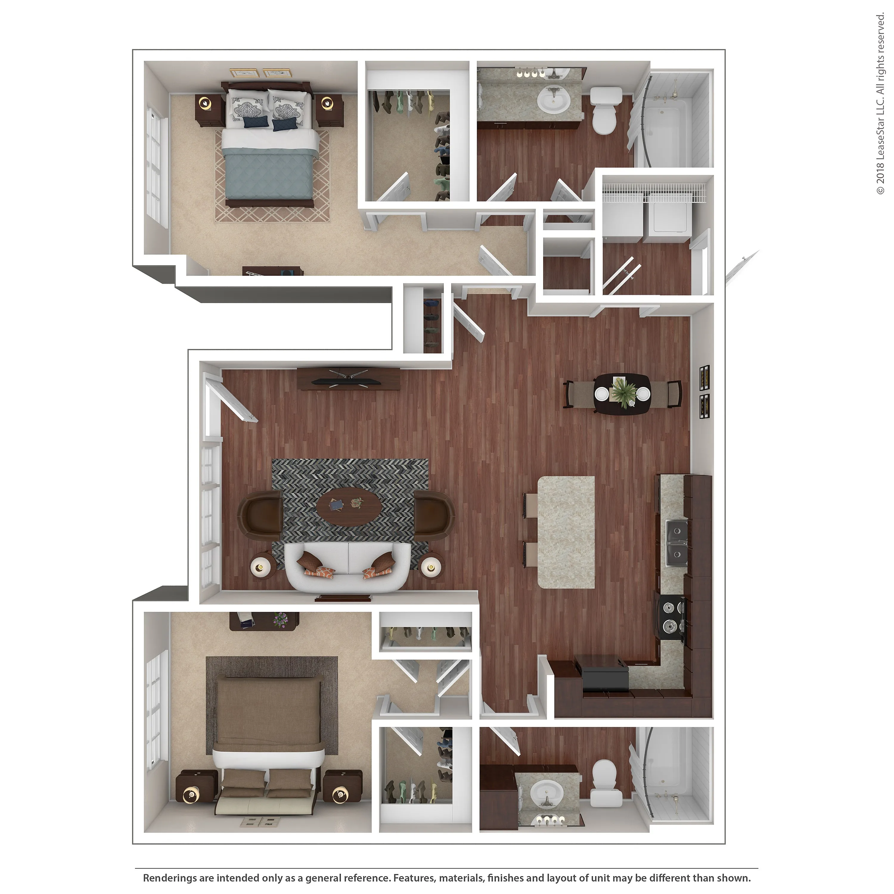 Spacious floor plan featuring 2 bedrooms, stylish open-concept living area, modern kitchen, and two bathrooms, ideal for contemporary living.