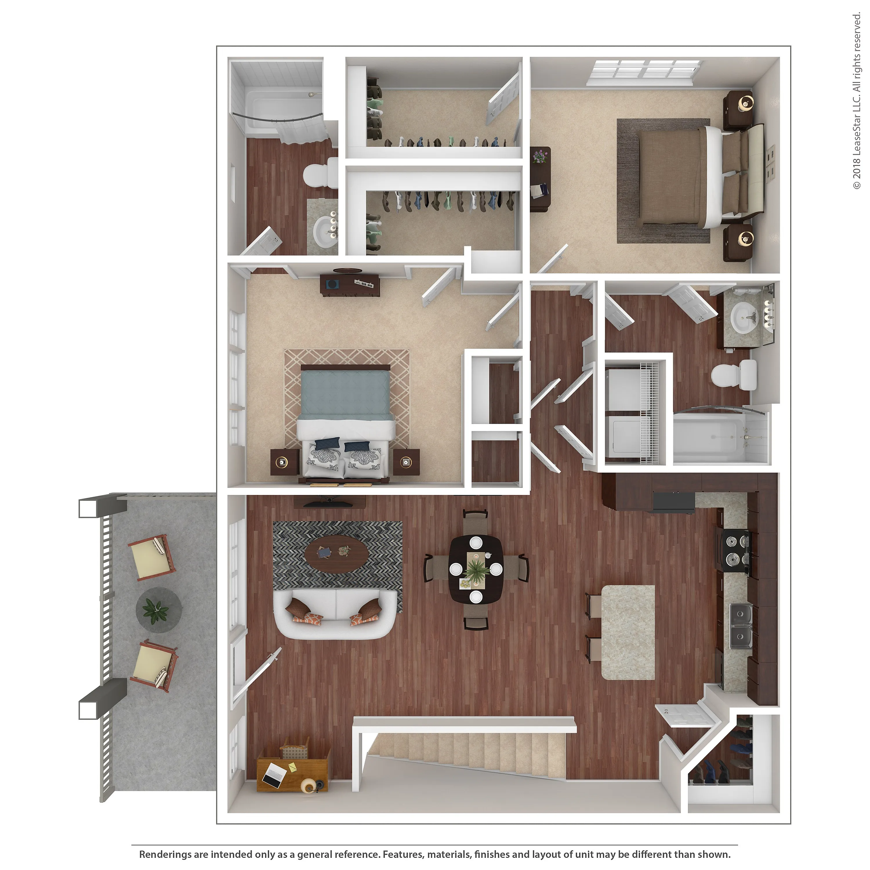 Elegant 3D apartment floor plan with two spacious bedrooms, modern kitchen, and cozy living room, featuring a private balcony for serene outdoor relaxation.