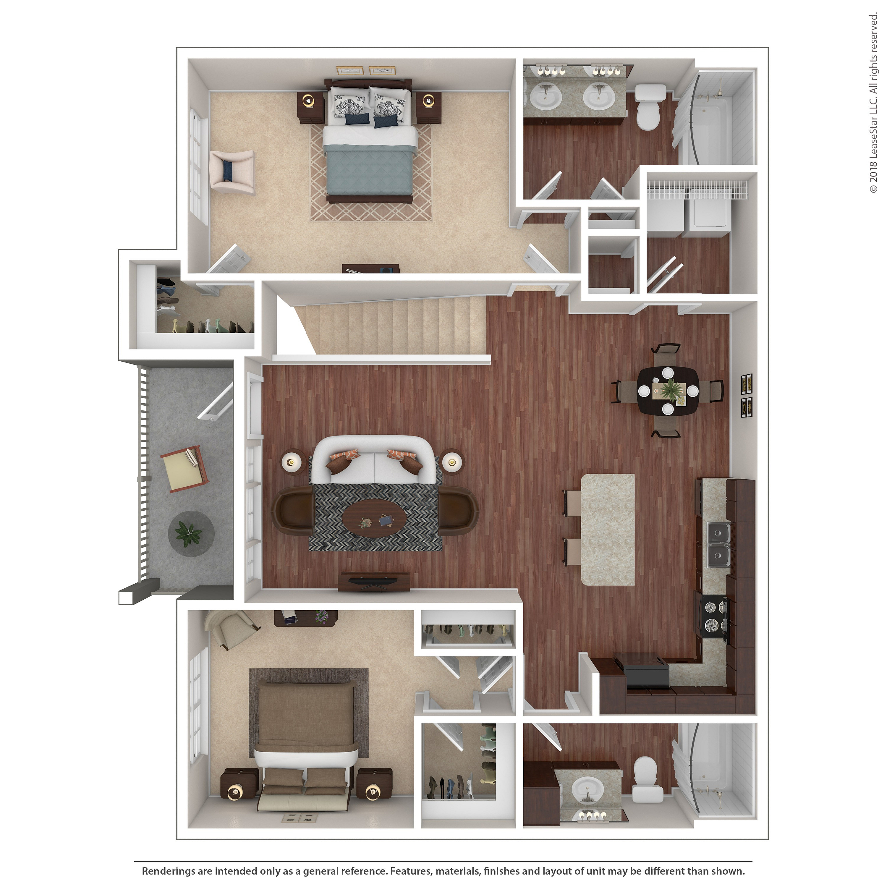 Elegant 3D floor plan showcasing 2 spacious bedrooms, a cozy living area, modern kitchen, and 2 sleek bathrooms, perfect for comfortable living.