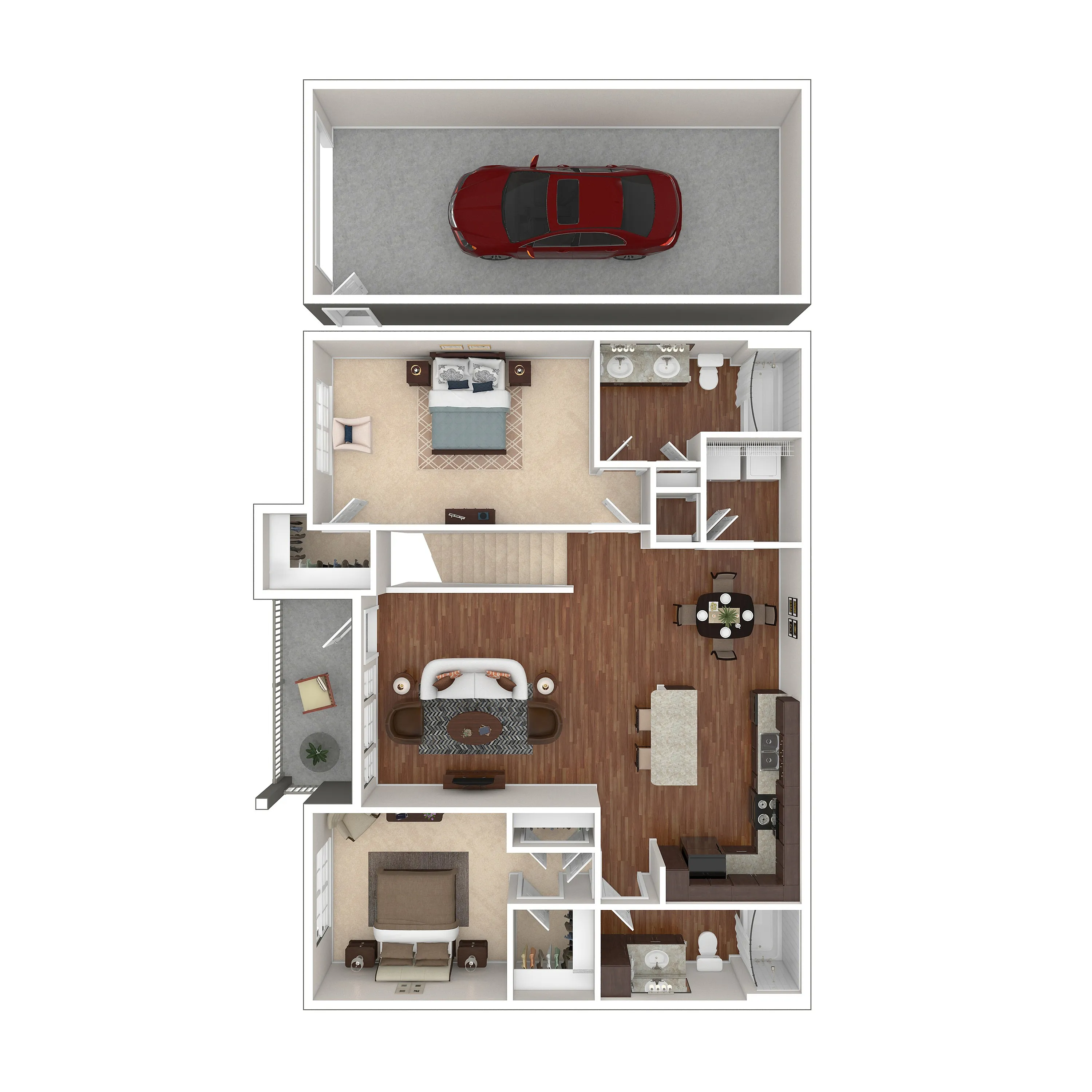 Inviting floor plan showcasing a modern 2-bedroom apartment with open-concept living area, integrated kitchen, and garage space.