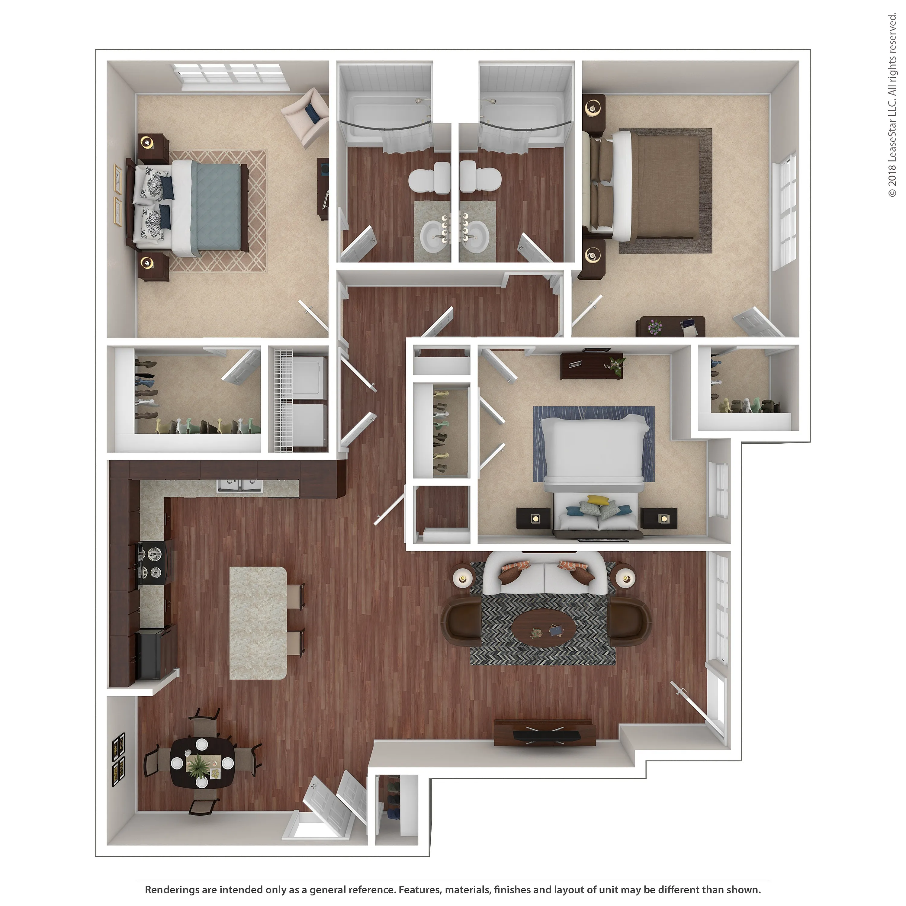 Elegant 3D floor plan showcasing 3 spacious bedrooms, a modern kitchen, and an inviting open-concept living area.