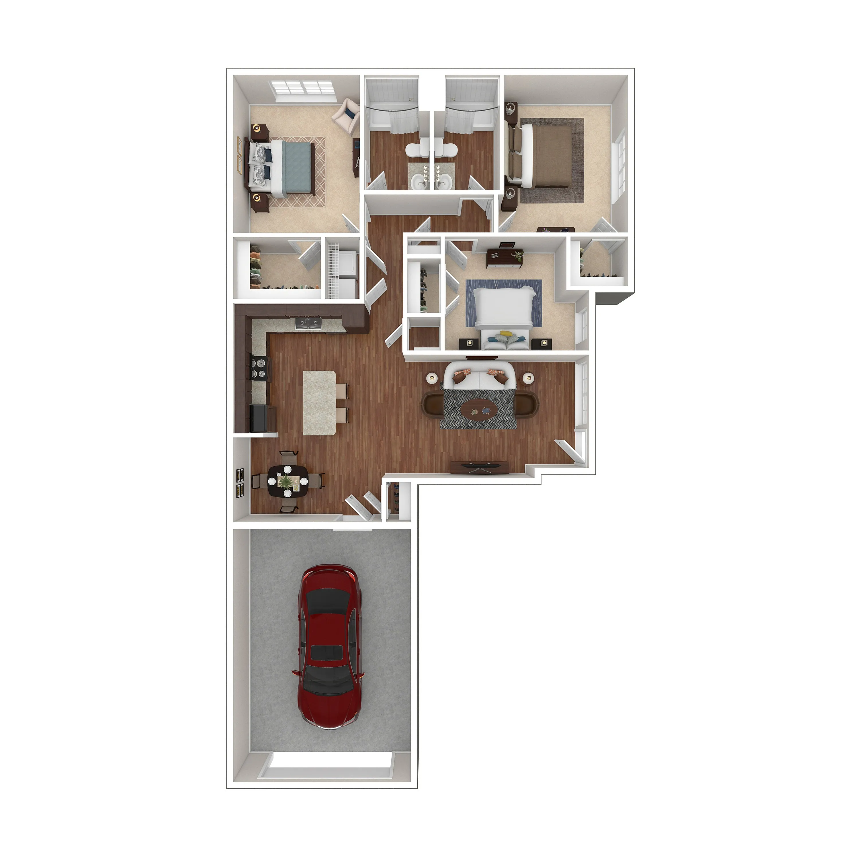 Modern 3D floor plan showcasing 3 bedrooms, open living and dining area, spacious kitchen, and attached garage.