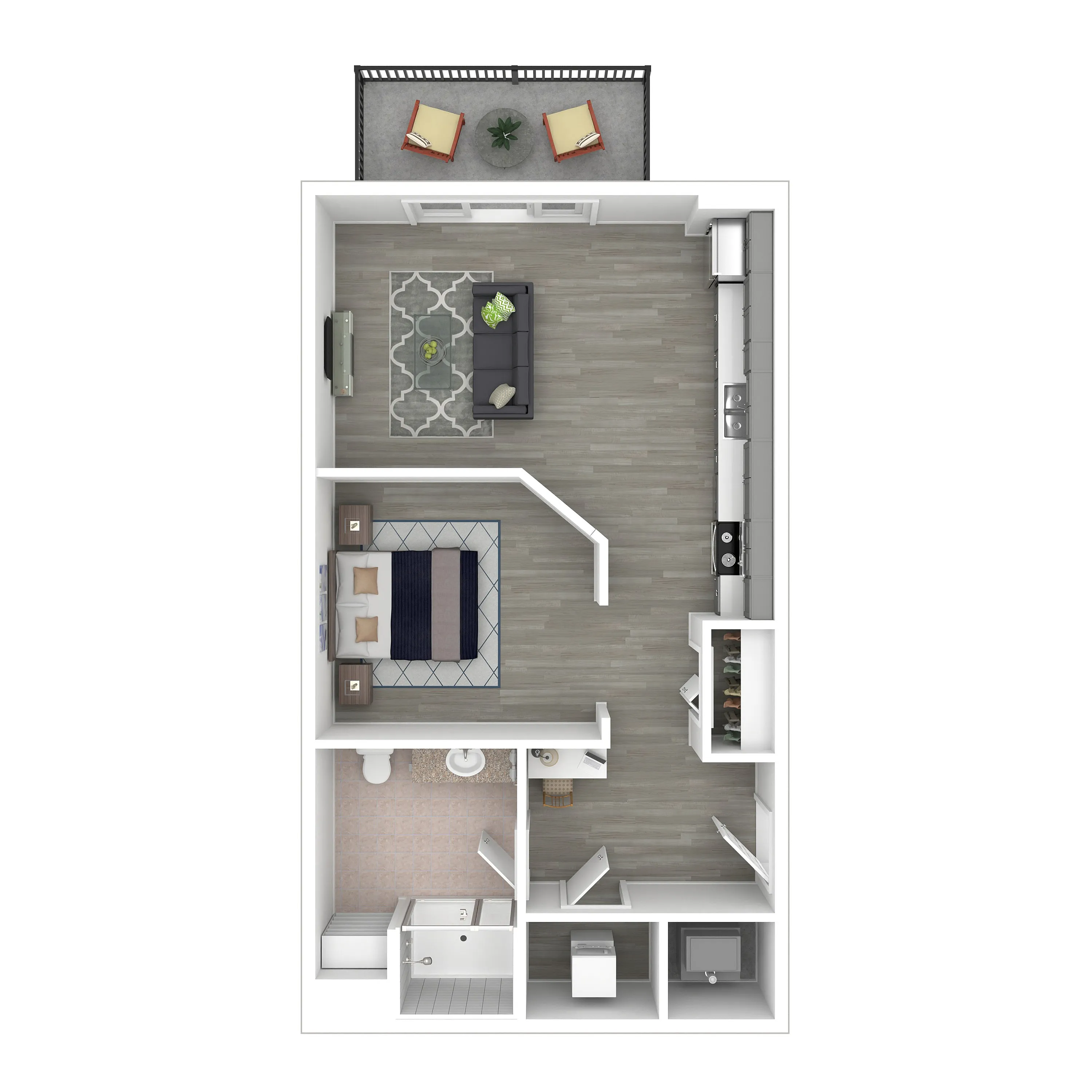 Modern 2D floor plan featuring a cozy bedroom, elegant living space, sleek kitchen, and charming balcony. Ideal for urban living.
