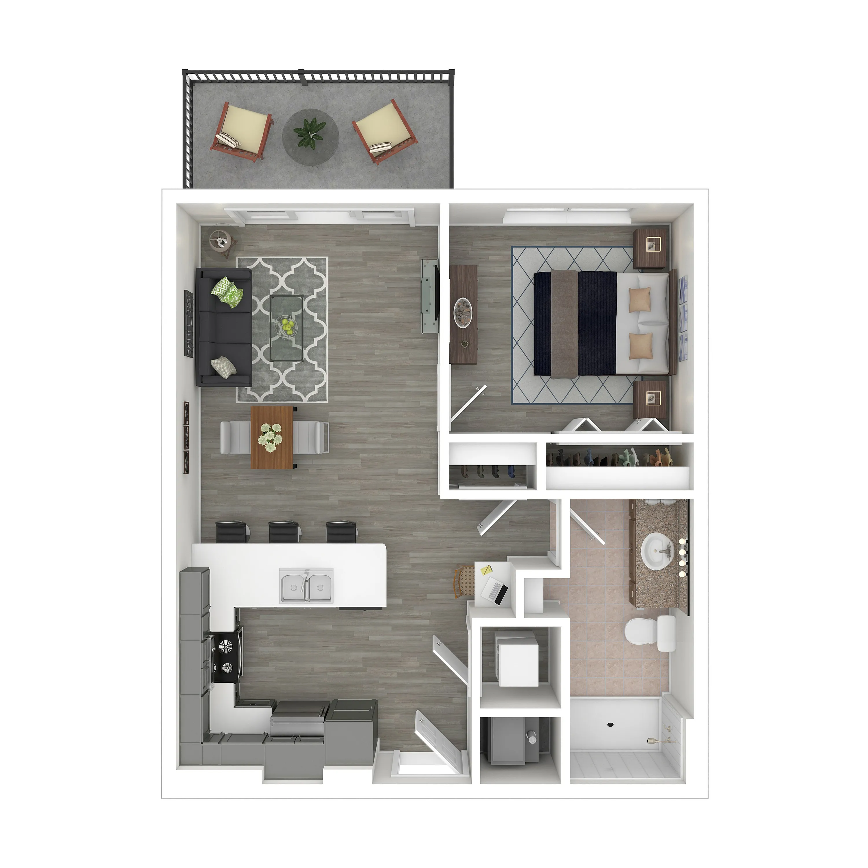 Modern 1-bedroom apartment floor plan with a cozy living area, sleek kitchen, spacious bathroom, and a balcony ideal for relaxation.