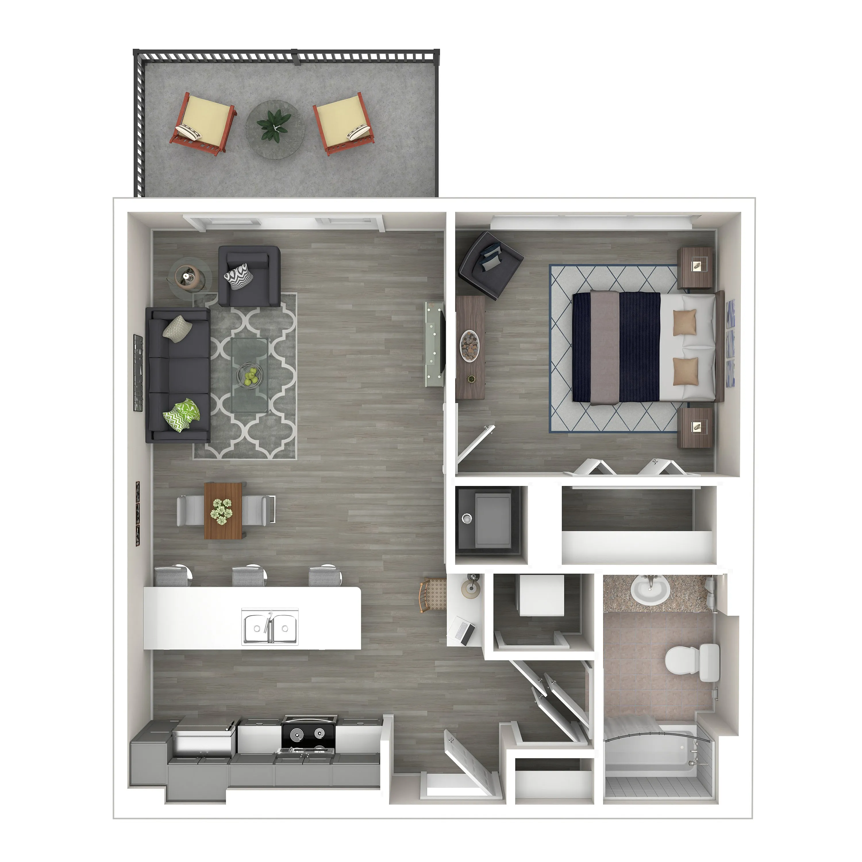 Modern 3D floor plan showcasing a cozy one-bedroom apartment with an open-concept living and dining area, sleek kitchen, and private balcony.