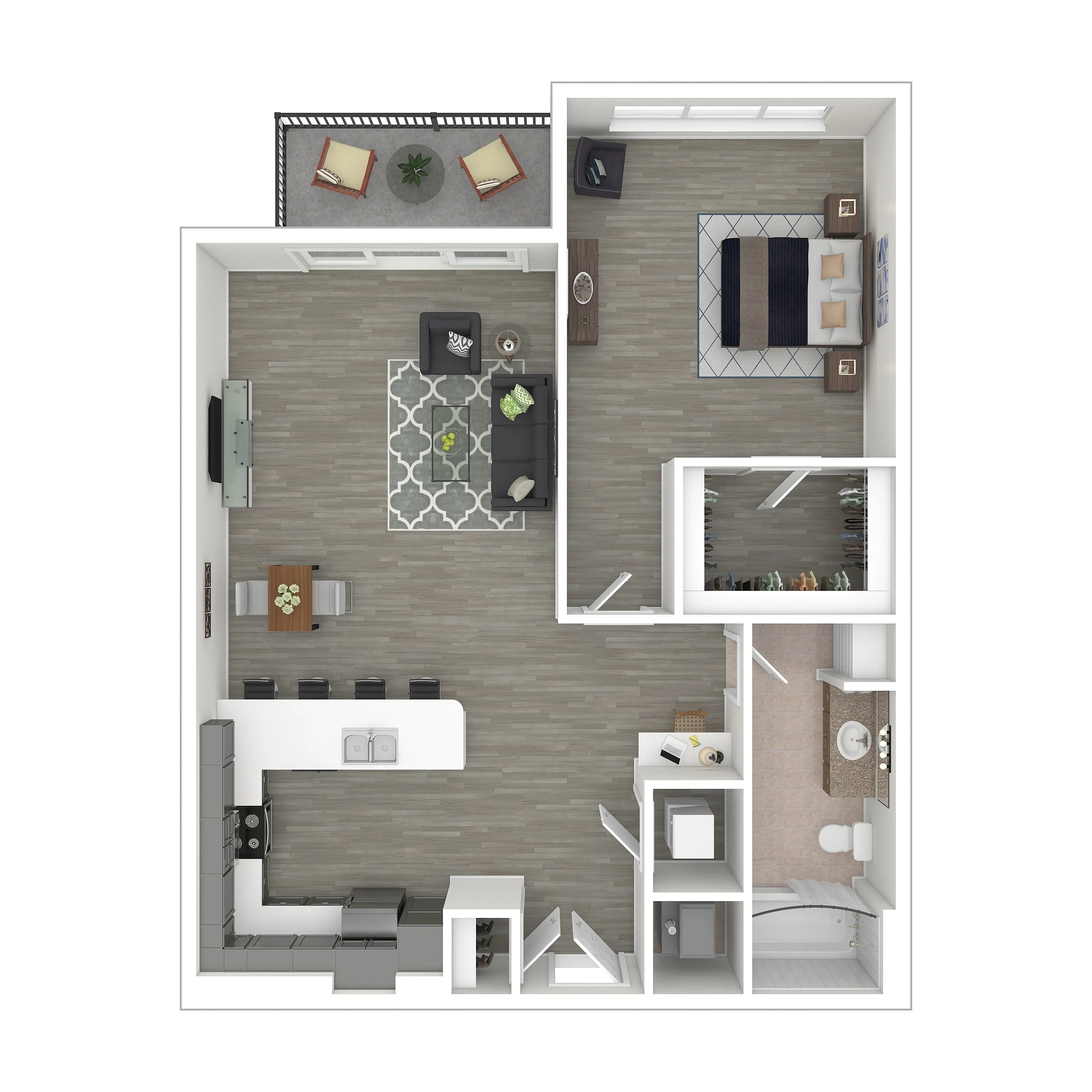 Modern open-concept floor plan featuring 1 bedroom, a sleek kitchen with island seating, a cozy living area, and a private balcony with seating, designed for stylish urban living.