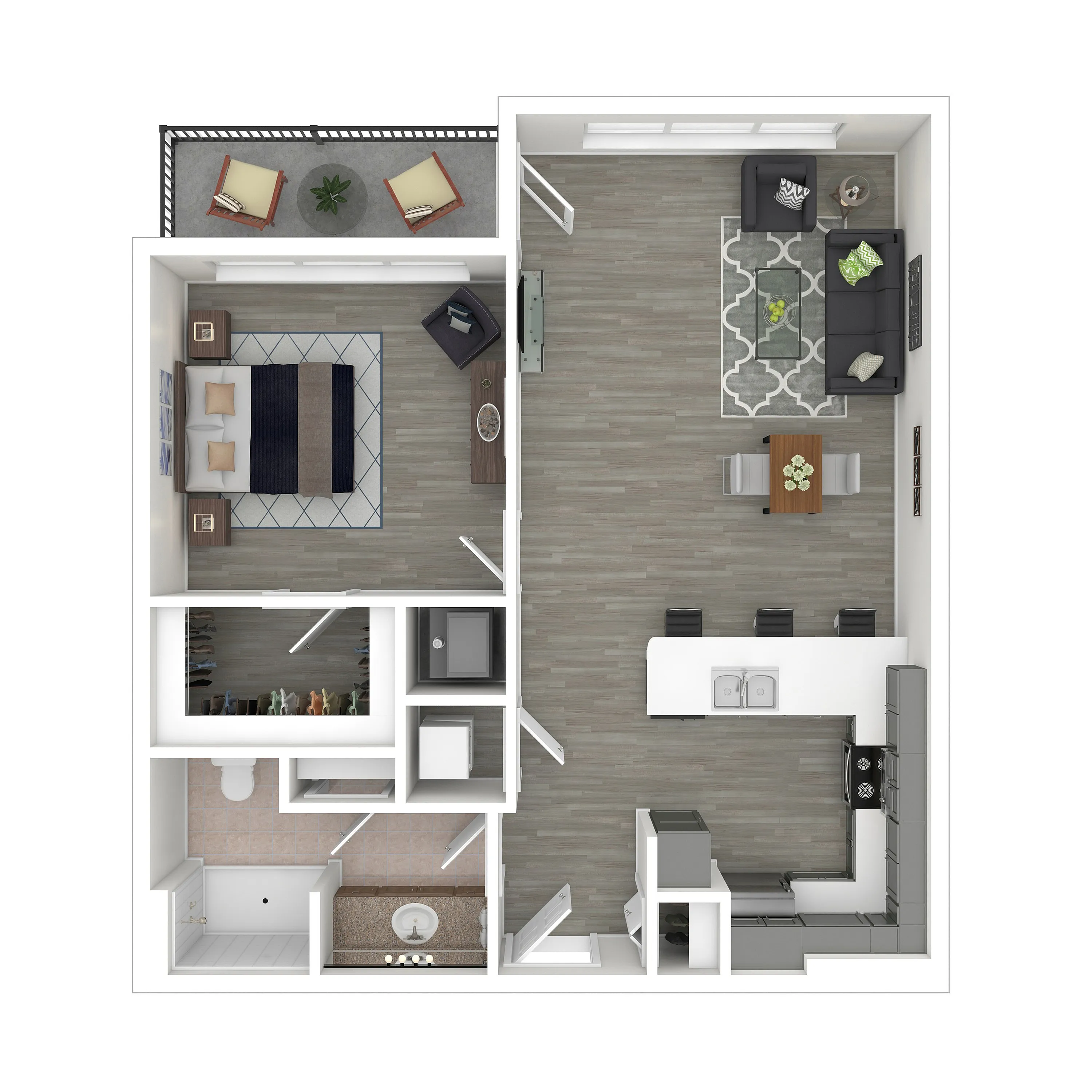 Modern floor plan showcasing a spacious 1-bedroom apartment with an open-concept living and dining area, sleek kitchen, and private balcony.