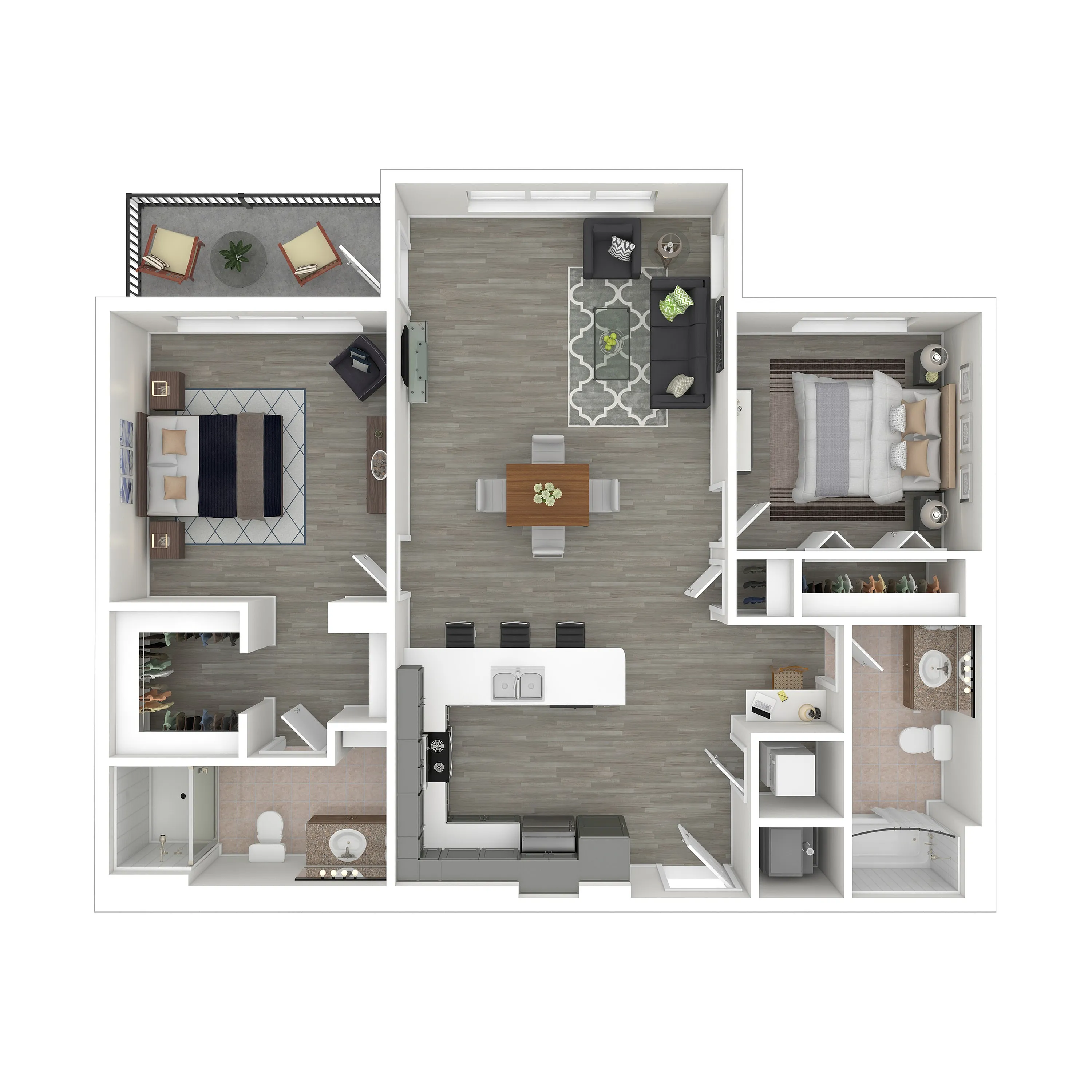 Chic floor plan showcasing 2 bedrooms, spacious living area, modern kitchen with island, and two stylish bathrooms.