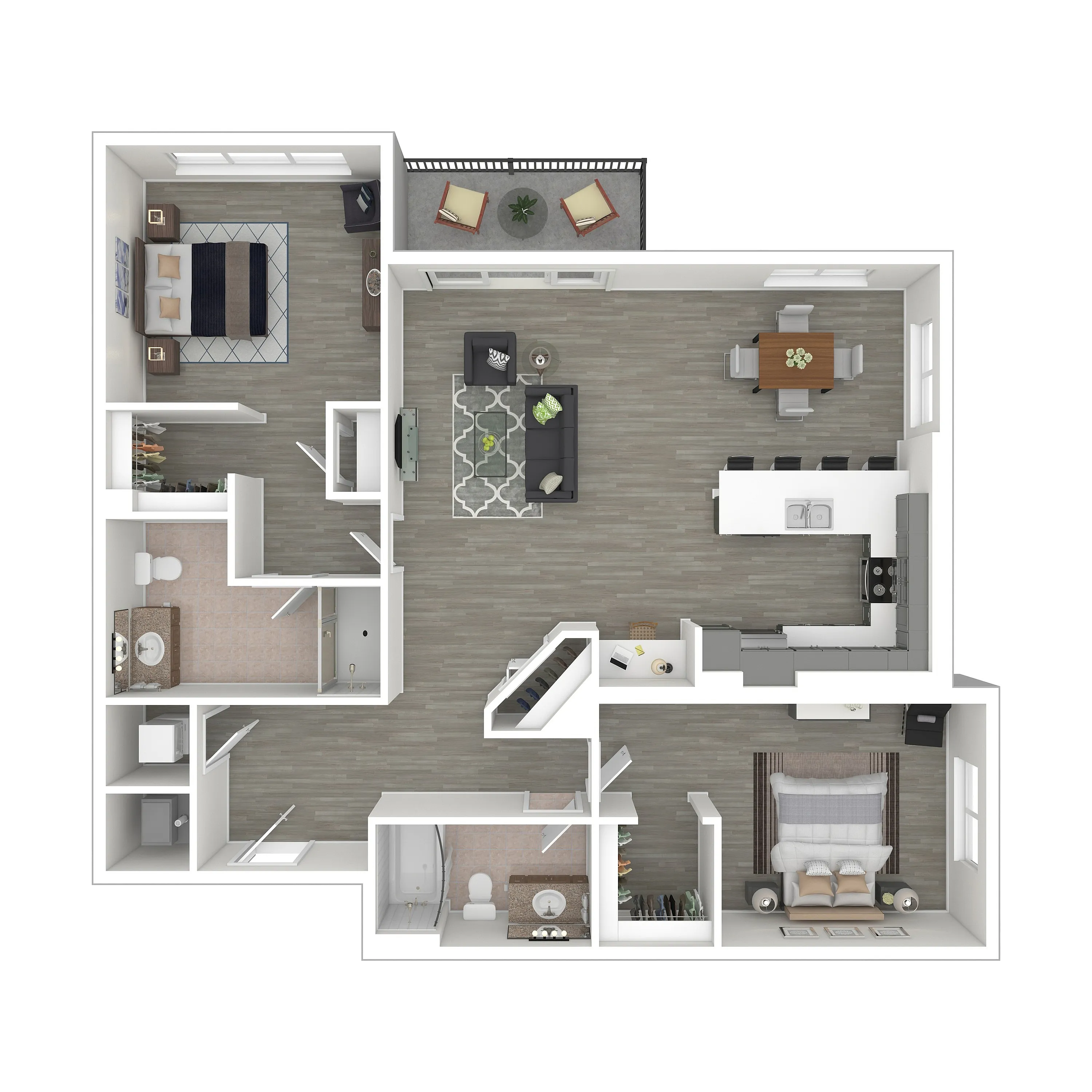 Modern 2D floor plan featuring 2 spacious bedrooms, an elegant open-plan living area, and a sleek, contemporary kitchen with an inviting balcony.