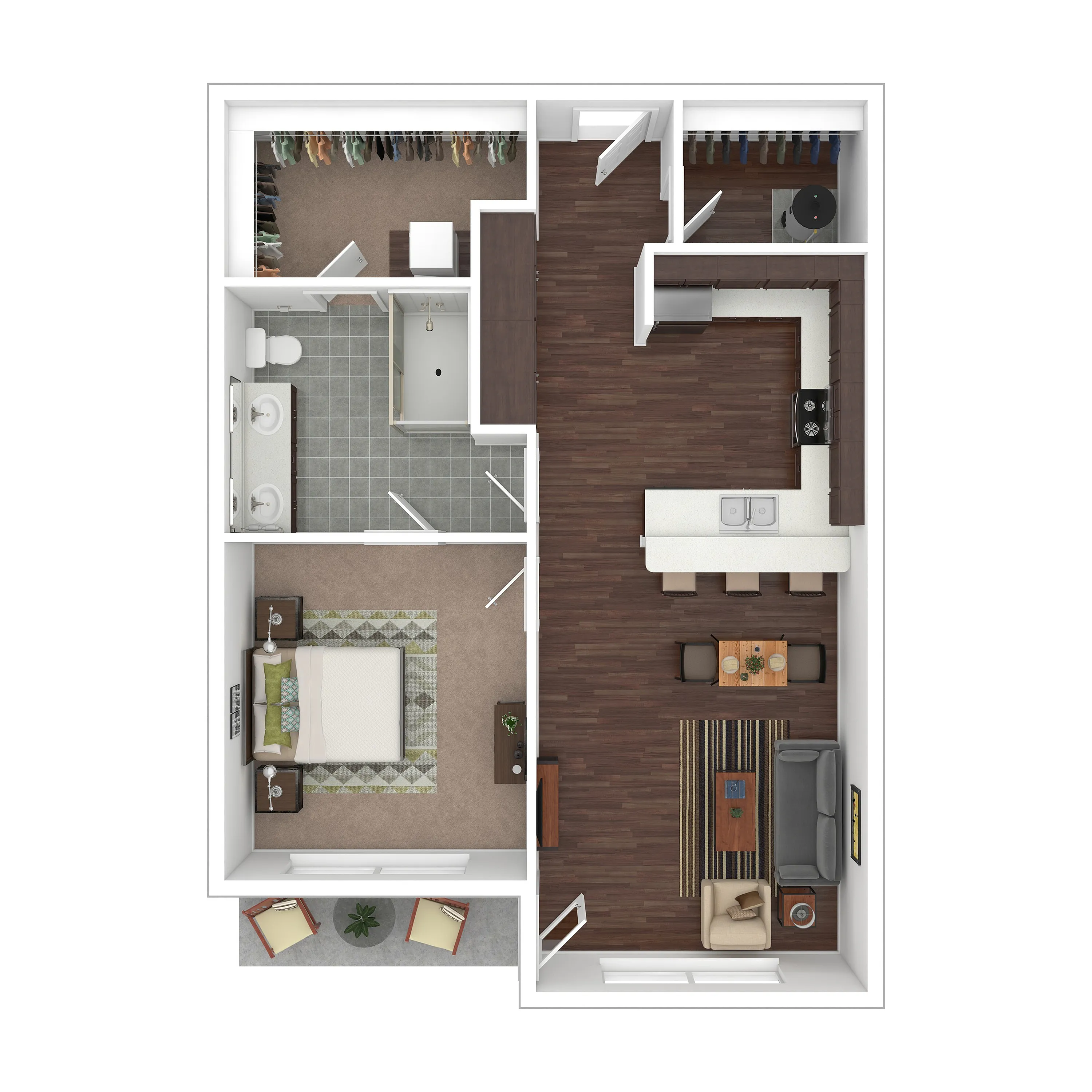 Modern floor plan showcasing a one-bedroom apartment with an open-concept kitchen and living area, spacious bathroom, and private patio.