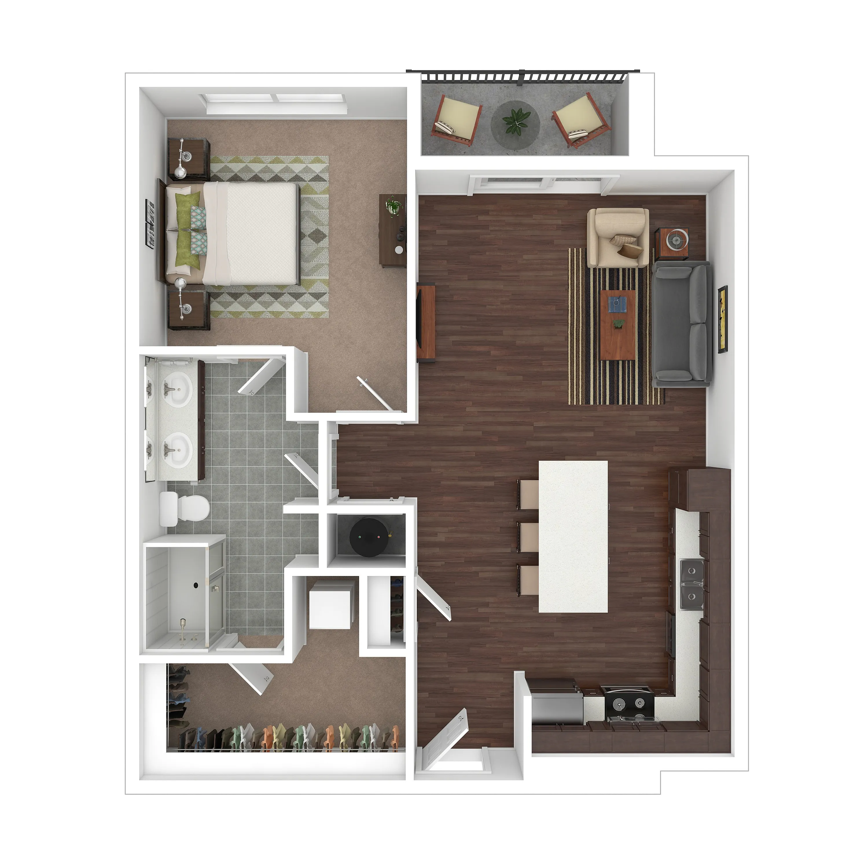 Modern 2D floor plan with 1 bedroom, spacious living area, and stylish open kitchen, featuring a cozy balcony.