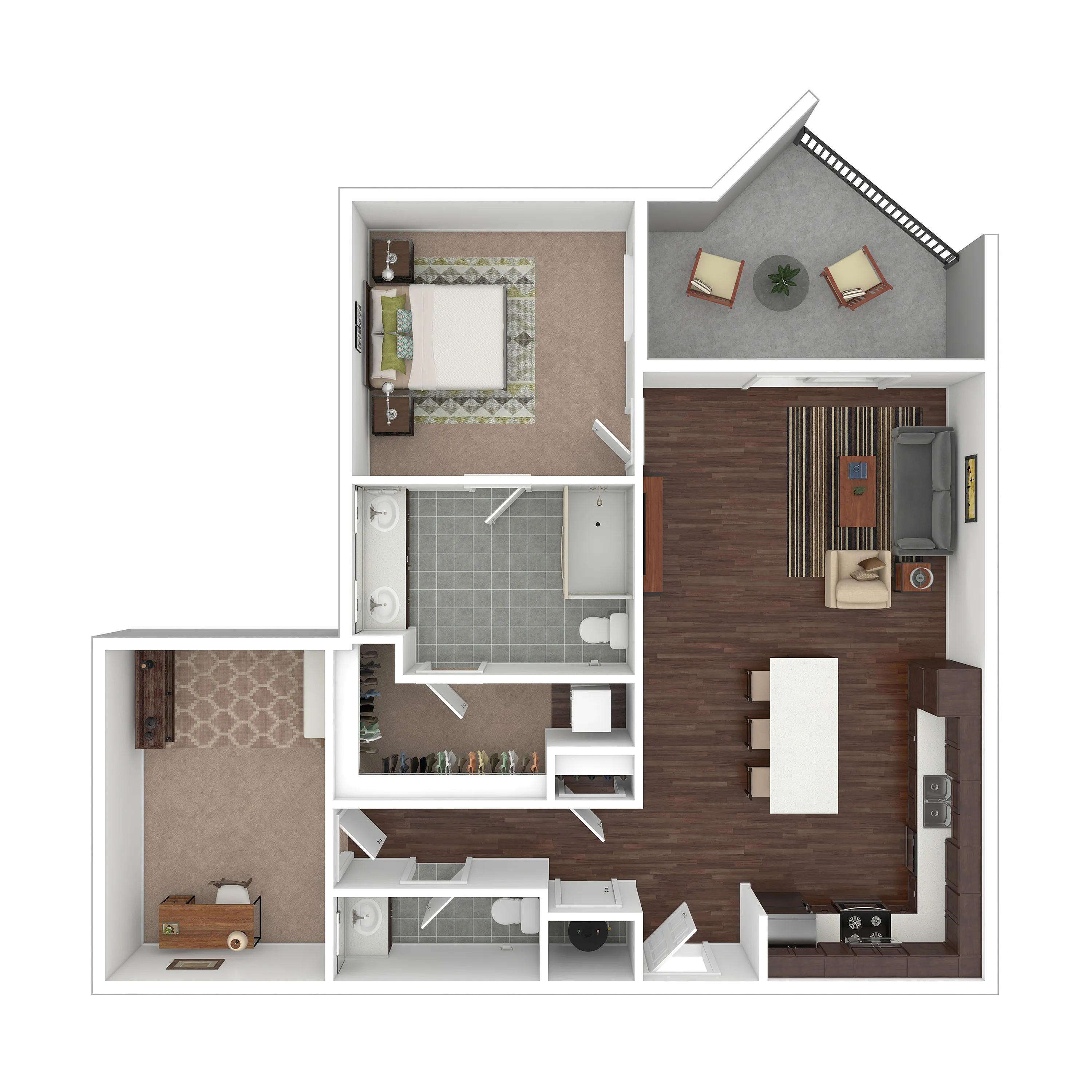 Modern 2D floor plan showcasing a spacious 1-bedroom apartment with an open-concept living and dining area, stylish kitchen, home office space, and private balcony.